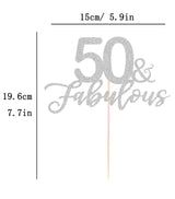 AHAORAY 50 Fabulous Cake Topper, Premium Silver Glitter Cardboard Cake Decoration for 50th Happy Birthday Party - Fifty and Fabulous Cake Topper