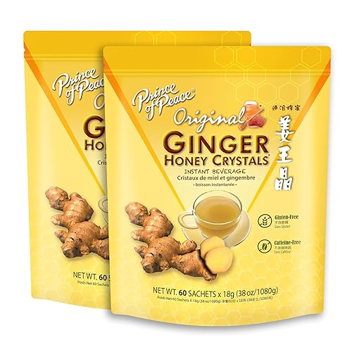 Prince of Peace Instant Ginger Honey Crystals Original, 60 Sachets - pack of 2 - Instant Hot or Cold Beverage that Soothes Throat - Easy to Brew