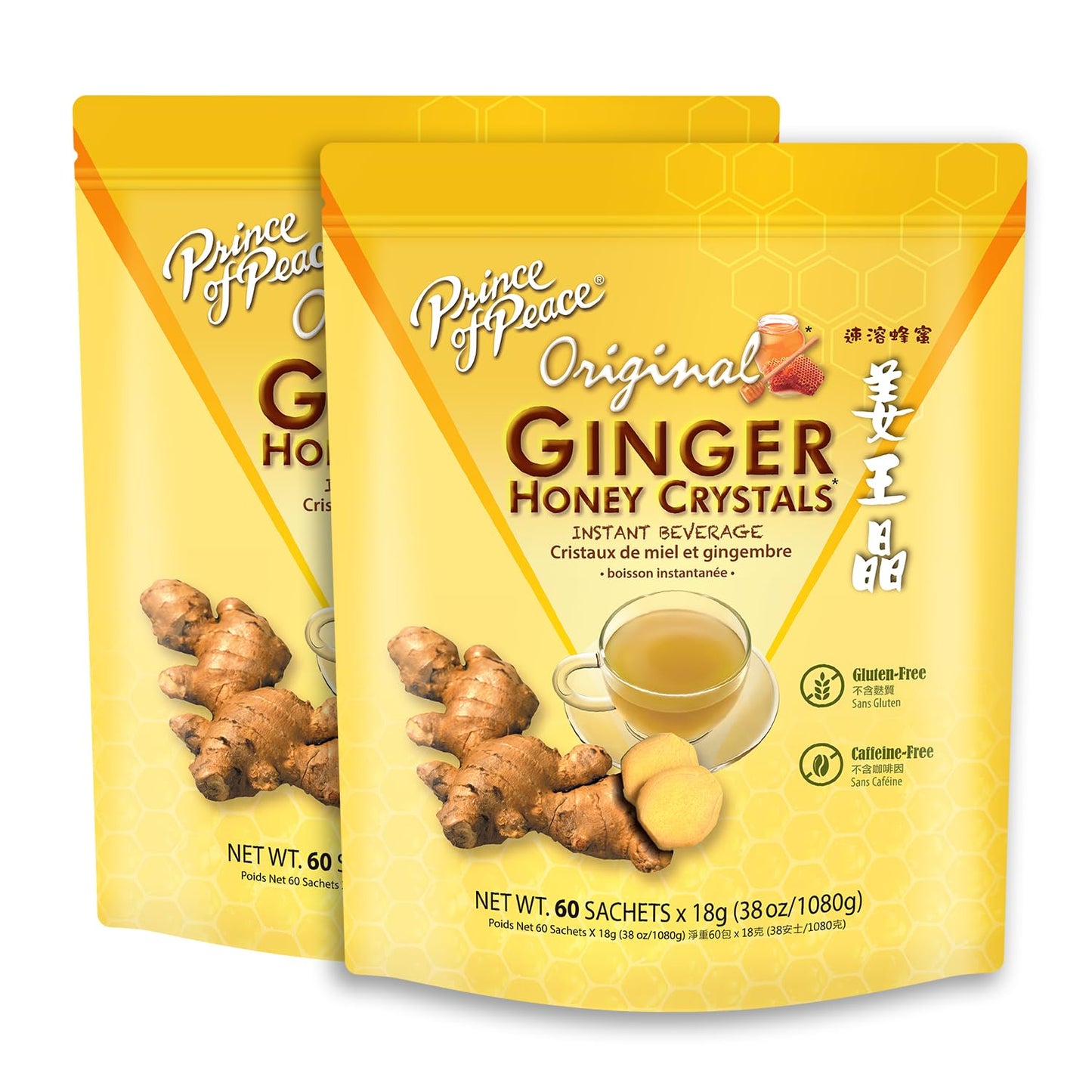Prince of Peace Instant Ginger Honey Crystals Original, 60 Sachets - pack of 2 - Instant Hot or Cold Beverage that Soothes Throat - Easy to Brew