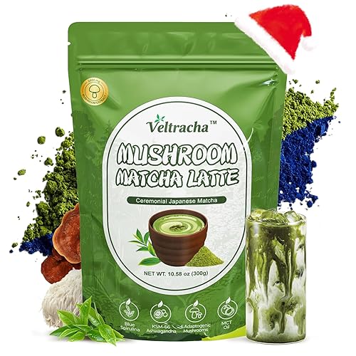 Veltracha Spirulina Mushroom Matcha, Japanese Ceremonial Grade Matcha with Ashwagandha, Adaptogenic Mushrooms Matcha Powder for Focus, Energy, Gut