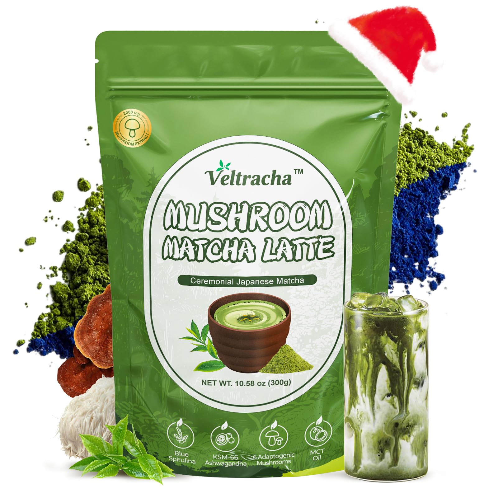 Veltracha Spirulina Mushroom Matcha, Japanese Ceremonial Grade Matcha with Ashwagandha, Adaptogenic Mushrooms Matcha Powder for Focus, Energy, Gut