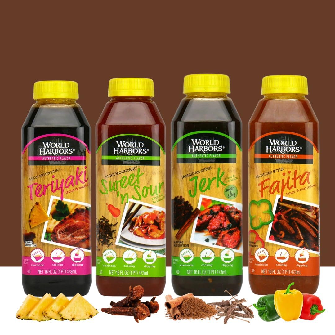 Bundle - 4 Items: World Harbors Marinade Sauces - Mexican Style Fajita, Maui Mountain Teriyaki, Jamaican Style Jerk, Maui Mountain Sweet 'n Sour