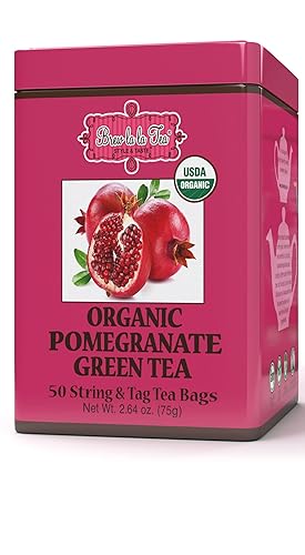 Brew La La Organic Green Tea - Pomegranate Flavor - 50 Tea Bag Tin - Low Caffeine - USDA Certified Organic