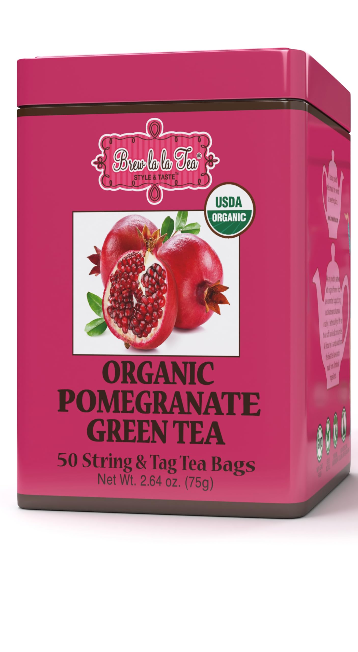 Brew La La Organic Green Tea - Pomegranate Flavor - 50 Tea Bag Tin - Low Caffeine - USDA Certified Organic