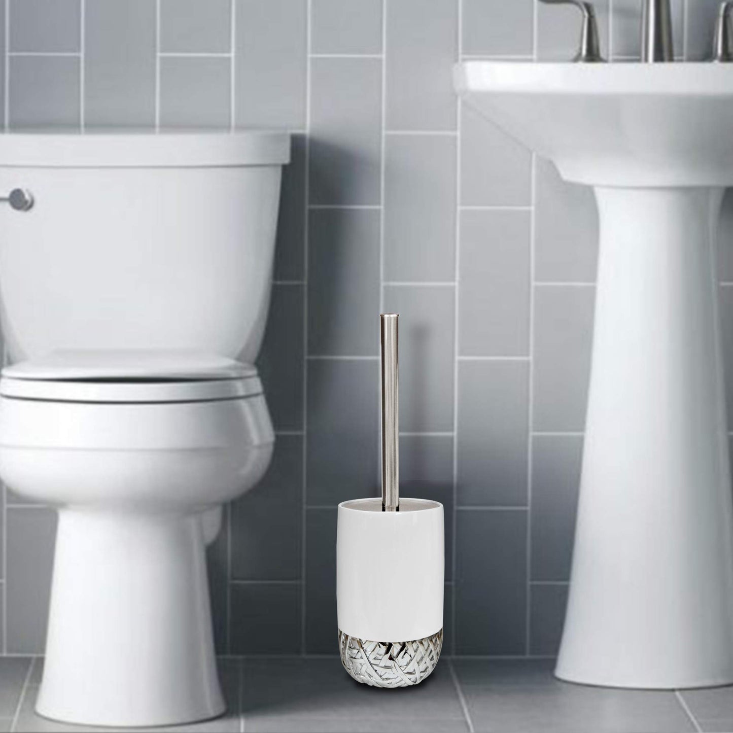 nu steel Bali White Round Shape Resin Toilet Brush Holder for Bathroom Whiter Color Finish Comes with a Complete Plastic Liner Inside to Prevent