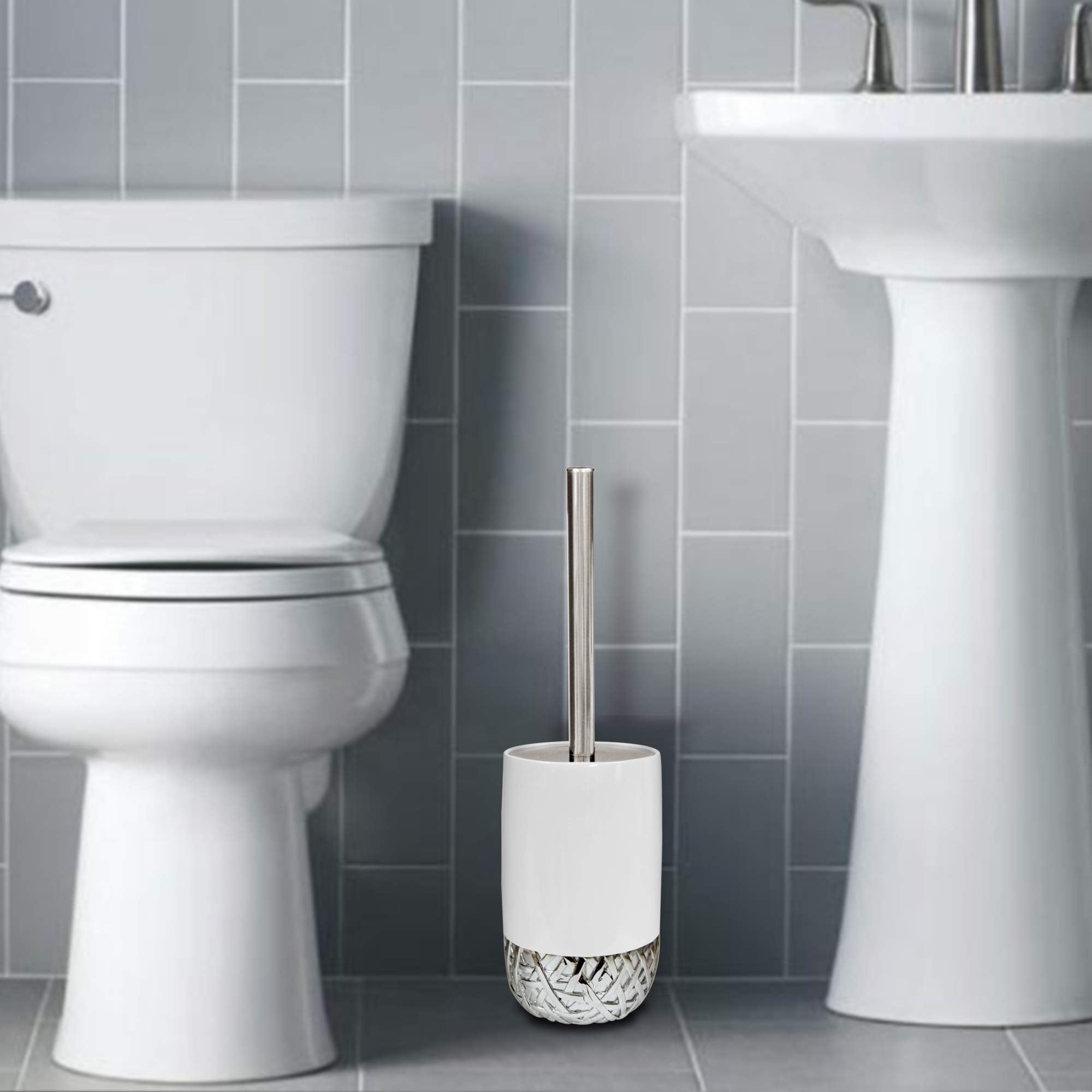 nu steel Bali White Round Shape Resin Toilet Brush Holder for Bathroom Whiter Color Finish Comes with a Complete Plastic Liner Inside to Prevent