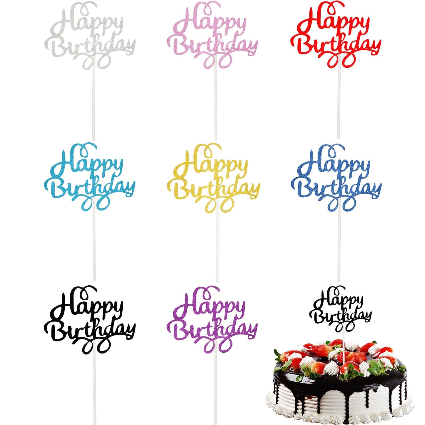 Boao 40 Pieces Birthday Cake Toppers 5.3 x 3.94 in Happy Glitter Birthday Cupcake Topper Cake Party Supplies Decorations for Children or Adults, 8