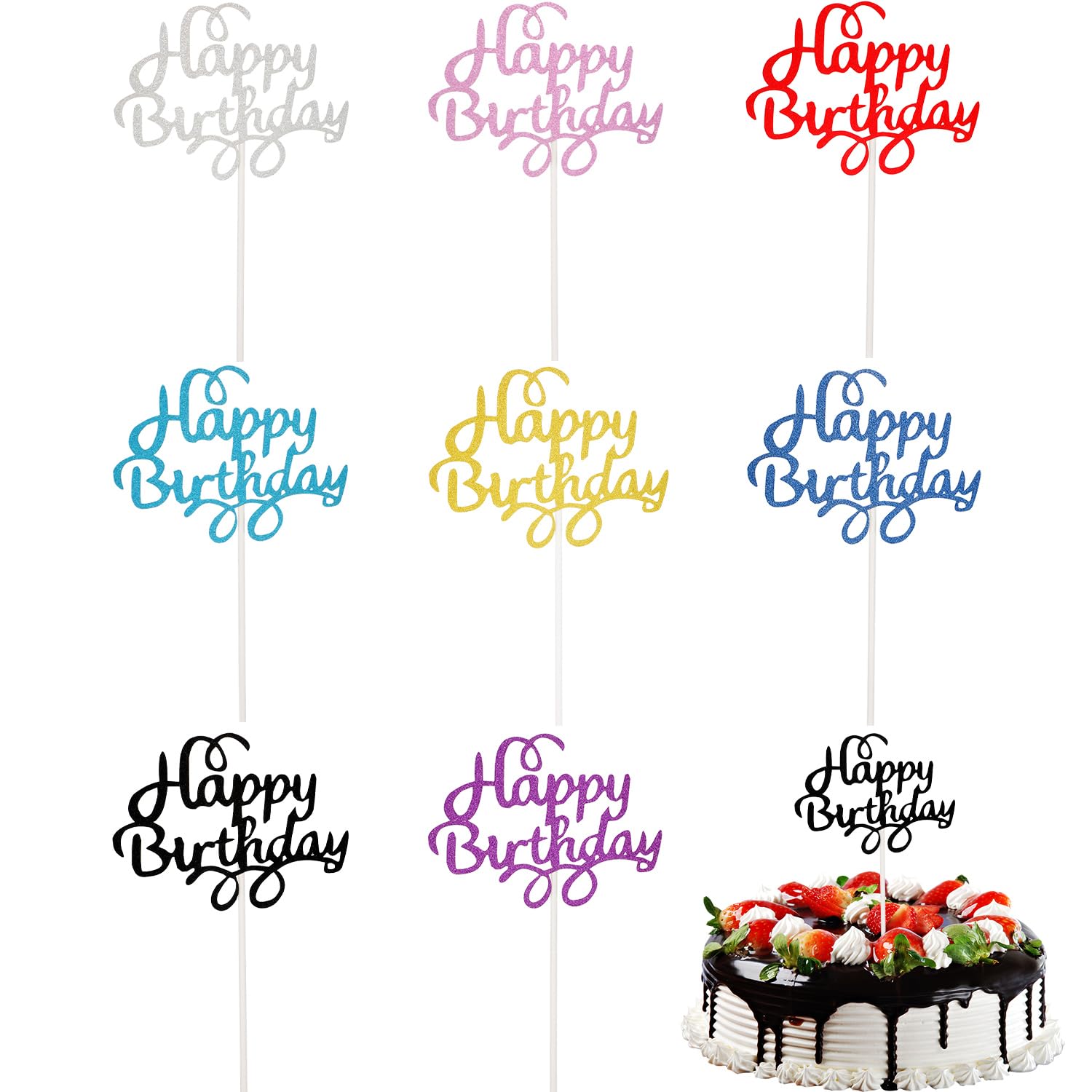 Boao 40 Pieces Birthday Cake Toppers 5.3 x 3.94 in Happy Glitter Birthday Cupcake Topper Cake Party Supplies Decorations for Children or Adults, 8