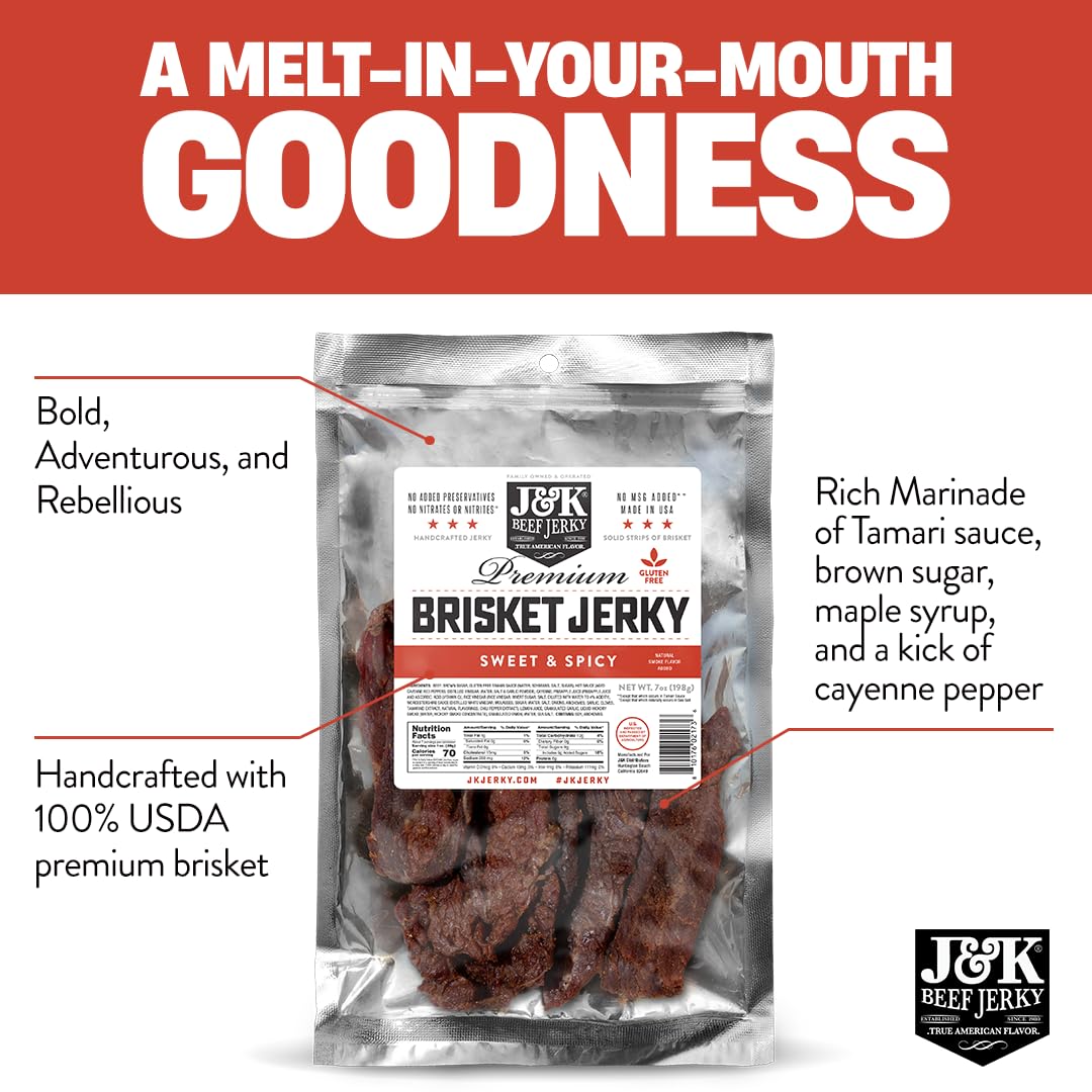 J&K Jerky Sweet & Spicy Brisket, Hand Crafted Small Batch American Made Slab Jerky - Soft & Tender - 7oz Big Bag of Jerky's