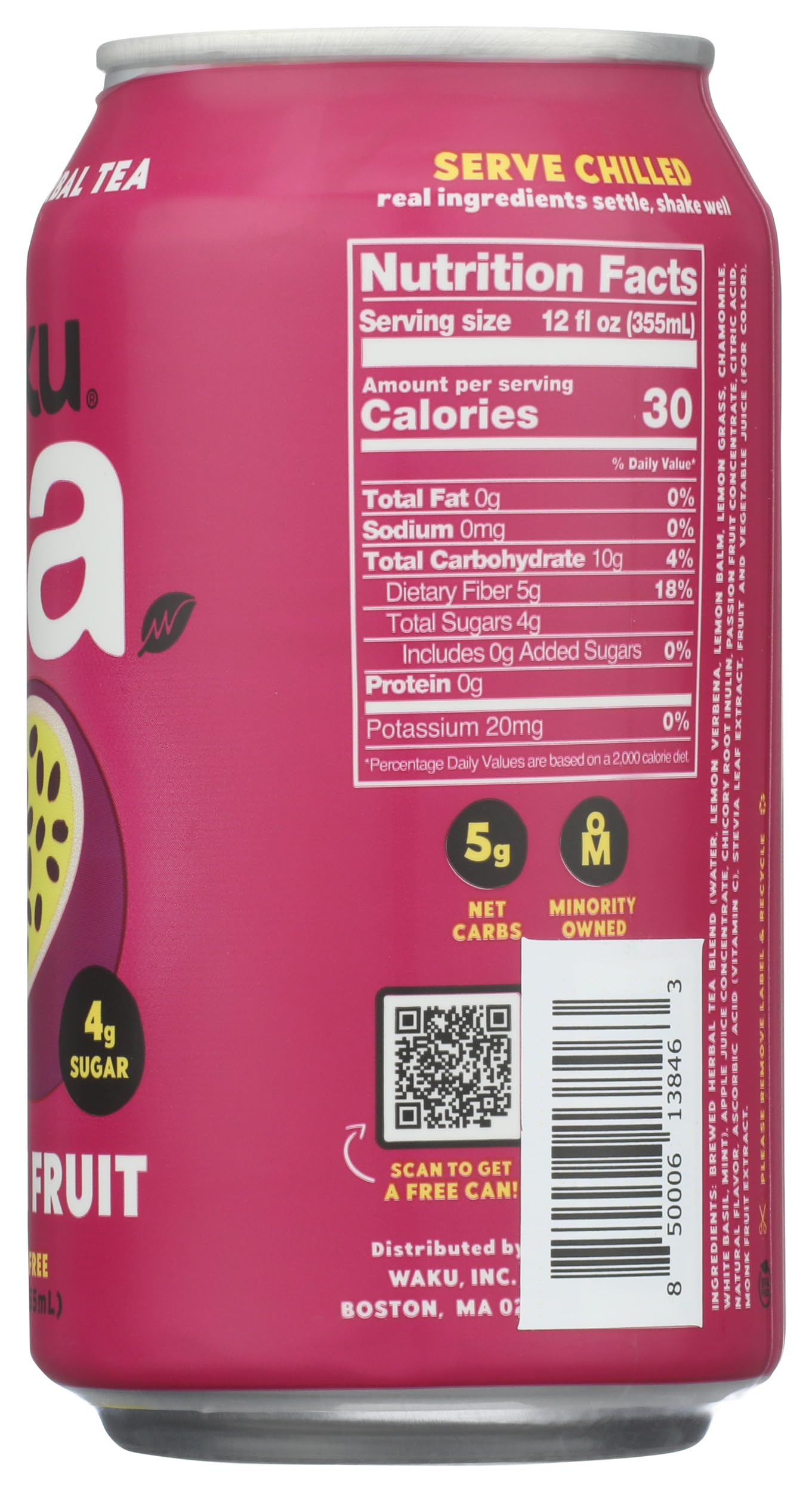 Waku, Tea Prebiotic Herbal Passion Fruit, 12 Fl Oz