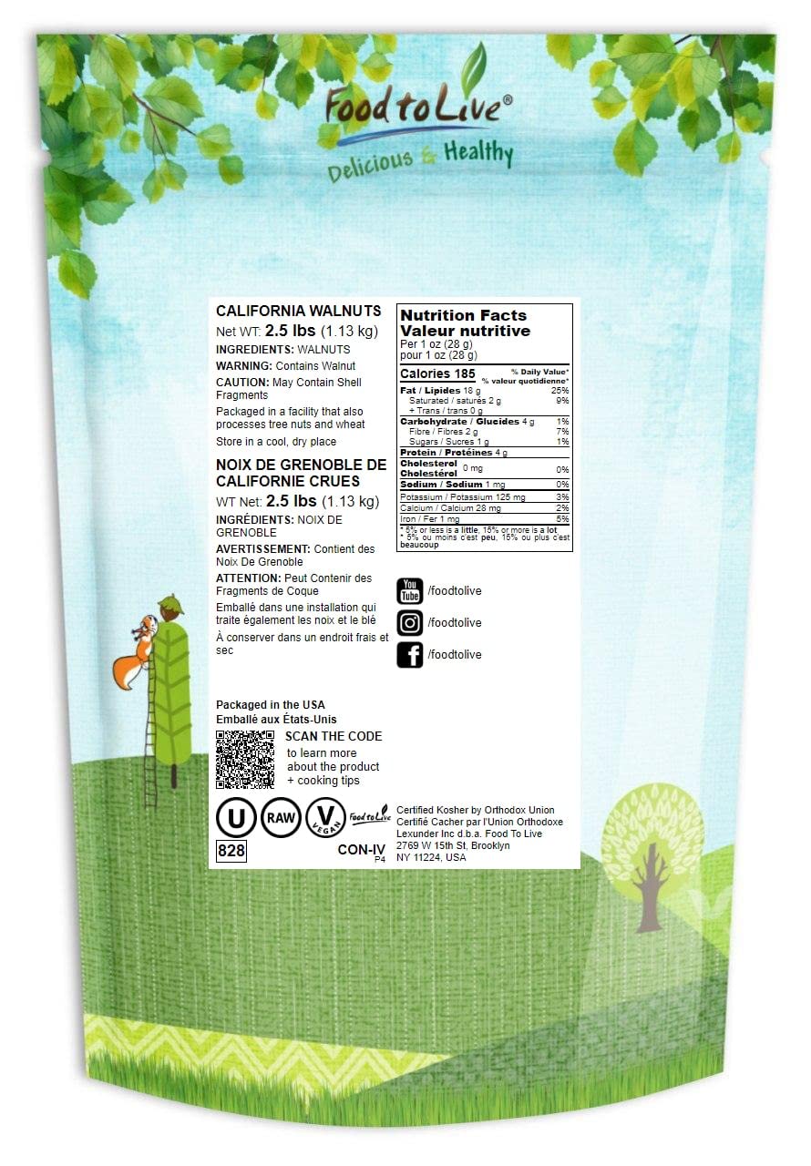 Food to Live - California Walnuts Halves & Pieces, 2.5 Pounds Raw, Unsalted, Shelled, Vegan, Kosher, Sirtfood, Bulk. Rich in Omega-3 Fatty Acids