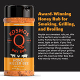 Kosmos Q Honey Killer Bee BBQ Rub Seasoning - Two 13.2 oz Shakers of Savory & Sweet Honey BBQ Pork Dry Rub for Smoking and Grilling Poultry, Ribs