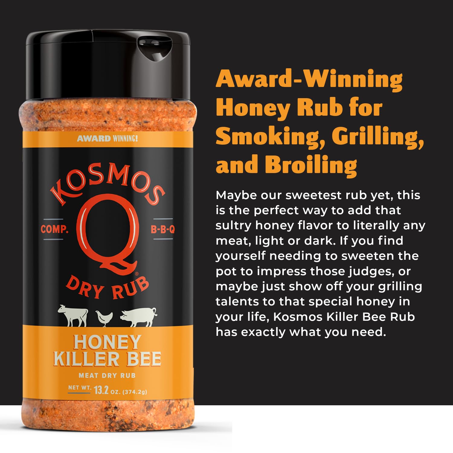 Kosmos Q Honey Killer Bee BBQ Rub Seasoning - Two 13.2 oz Shakers of Savory & Sweet Honey BBQ Pork Dry Rub for Smoking and Grilling Poultry, Ribs