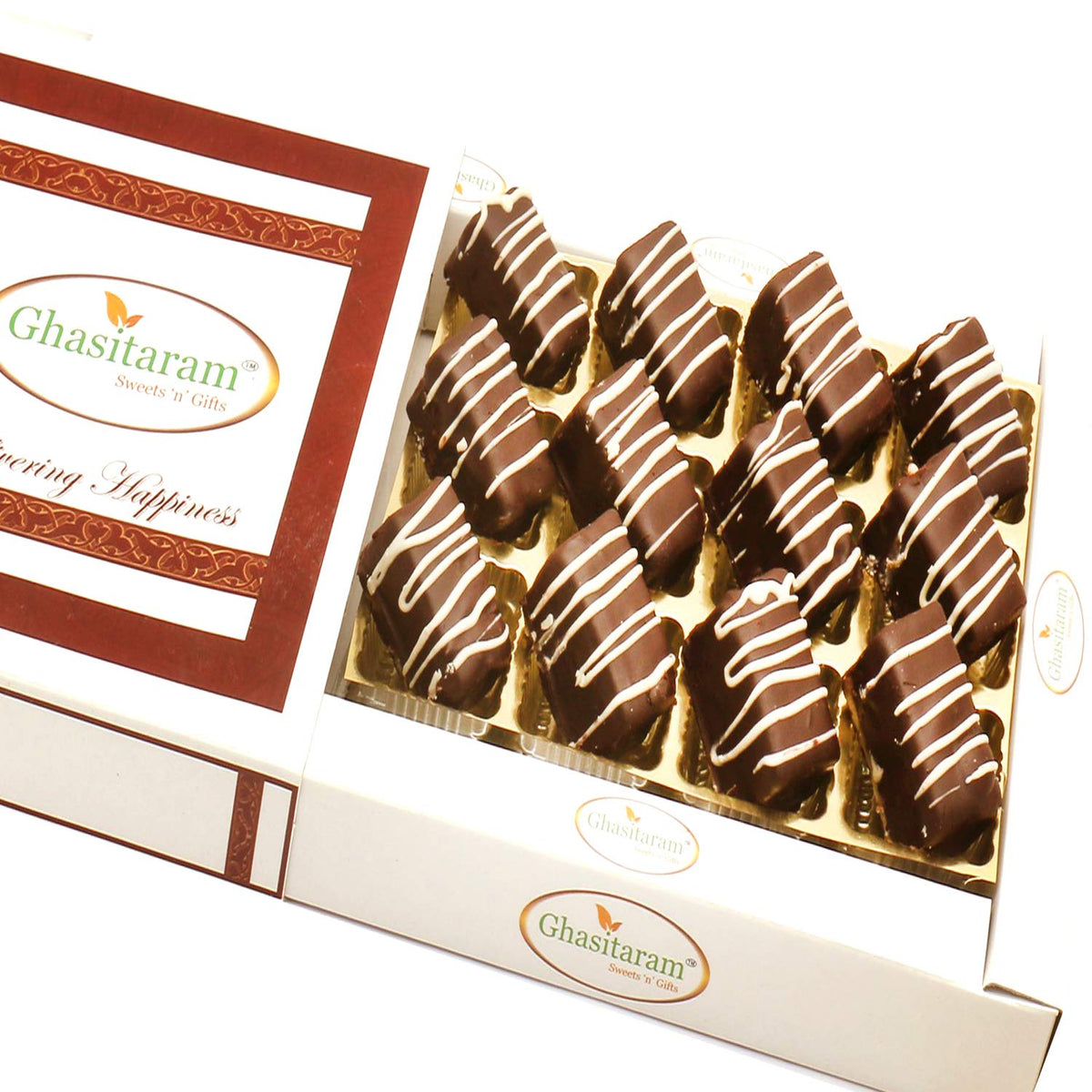 Ghasitaram Gifts Diwali Gifts Sweets - Chocolate Rectangle Cashew Bites in White Box
