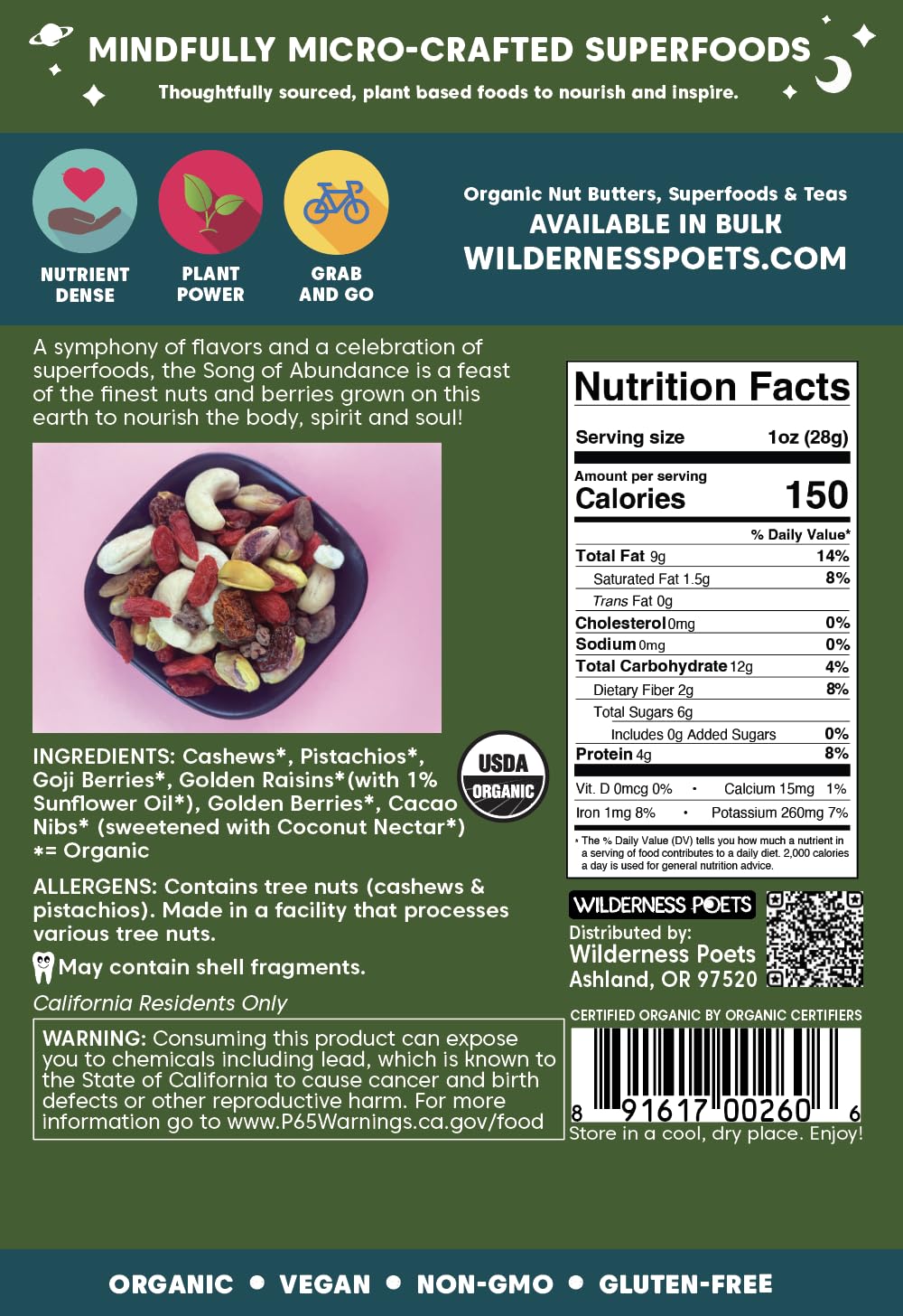 Wilderness Poets, Abundance Wild Mix - Organic Raw Superfood Blend (2 Pound) Cashew, Pistachio, Goji Berry, Cacao, Golden Raisin, Golden Berry Trail