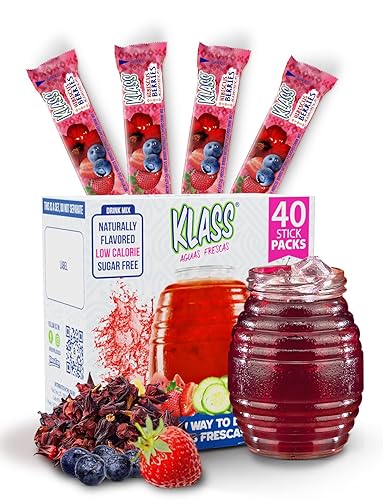 Klass Aguas Frescas, Powdered Drink Mix, 40 Singles Zero Sugar & Caffeine-Free Powder Packets, Water Drink Mix, Flavor: Hibiscus Berries - 5 Calories