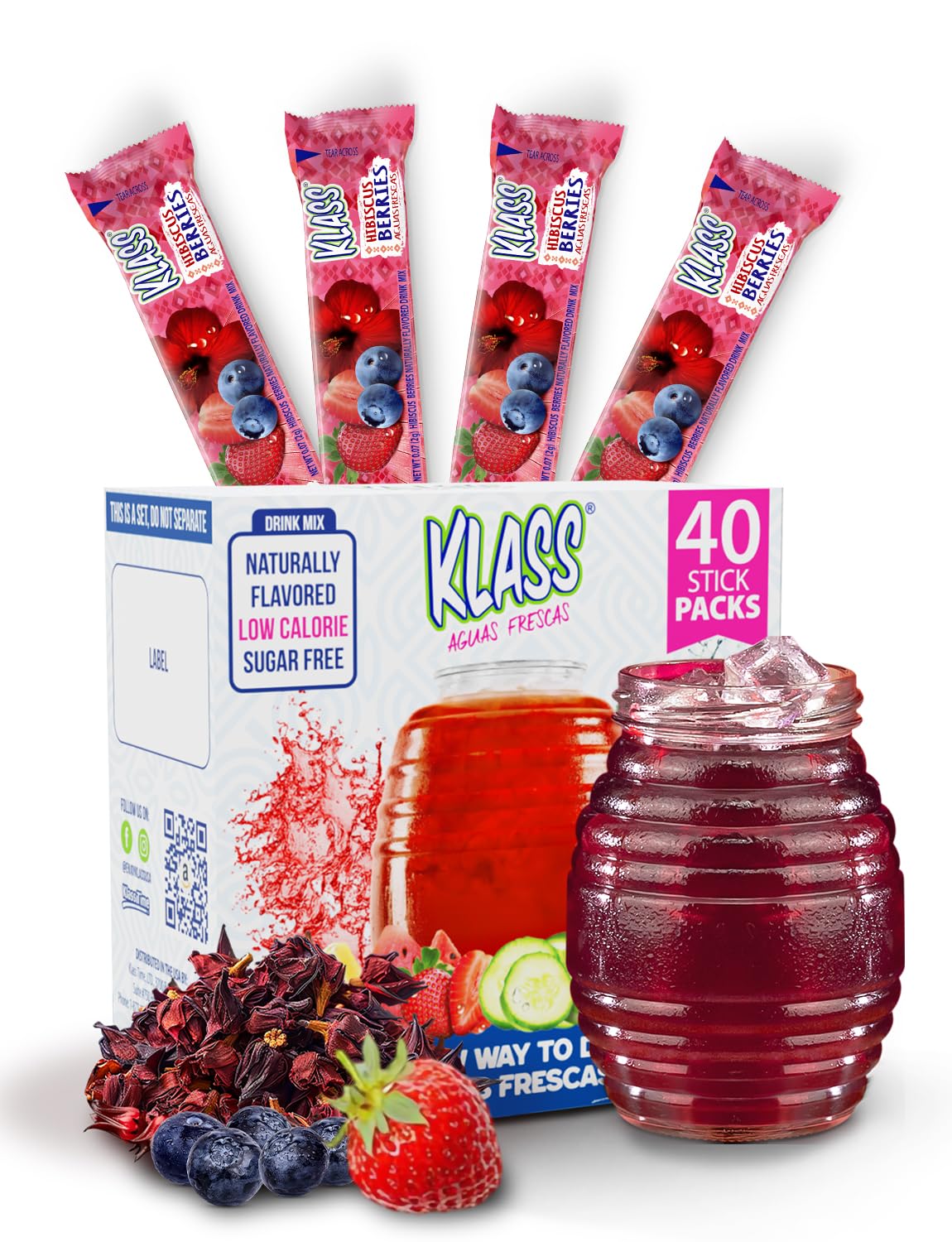 Klass Aguas Frescas, Powdered Drink Mix, 40 Singles Zero Sugar & Caffeine-Free Powder Packets, Water Drink Mix, Flavor: Hibiscus Berries - 5 Calories
