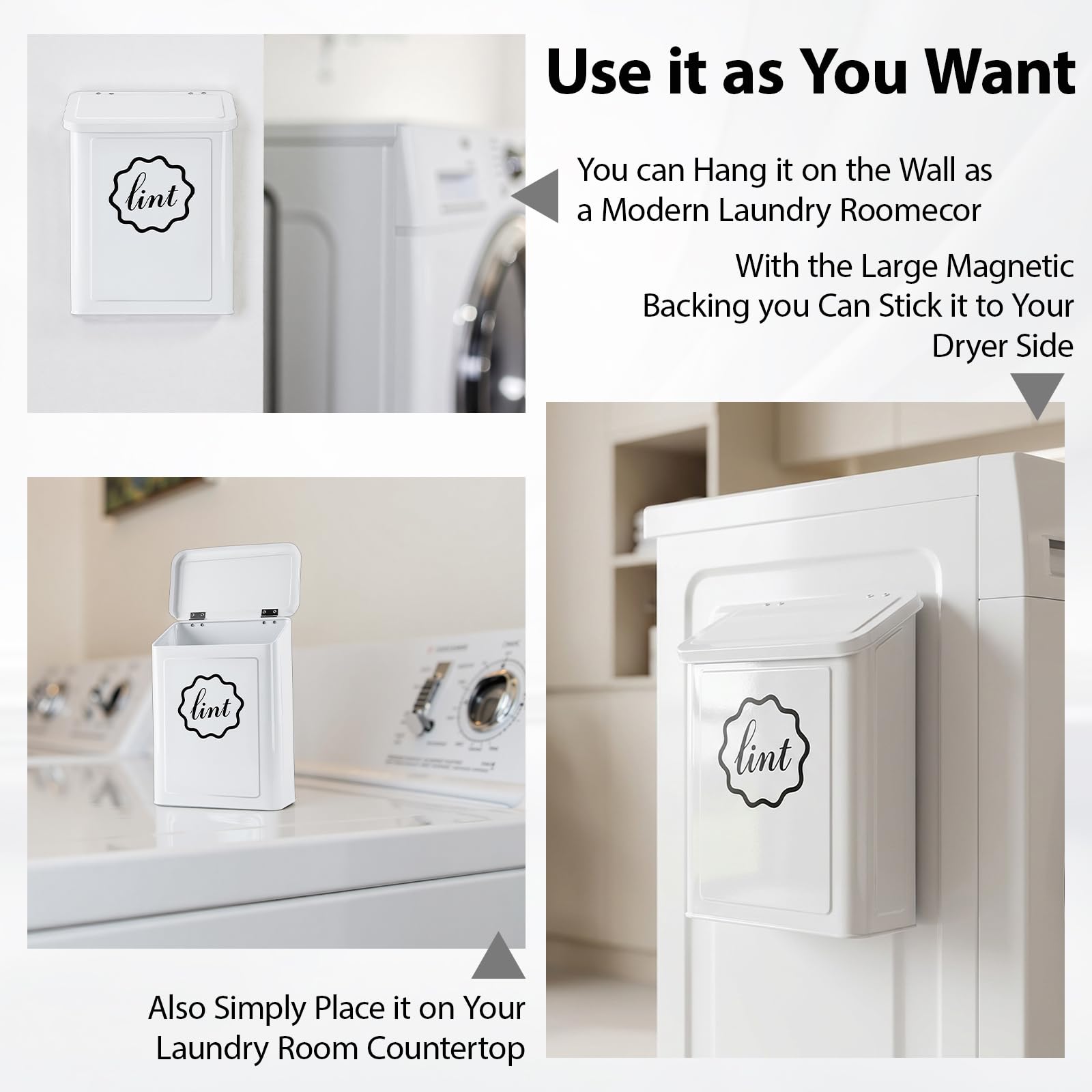 Sugoods Magnetic Lint Trash Can, Metal Wall Mounted Lint Bin with Lid for Dryer, Laundry Room Organization, Lint Basket with Extended Soft Brush
