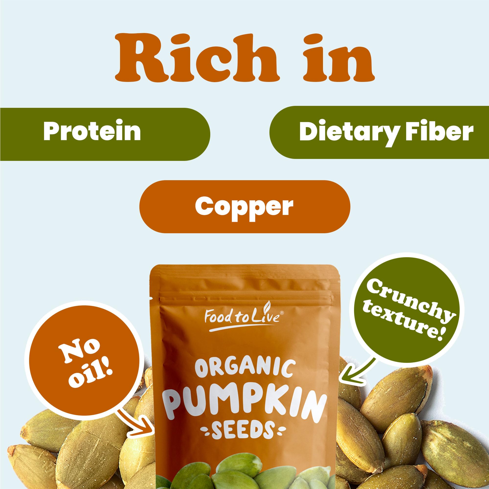 Food to Live Organic Dry Roasted Pumpkin Seed Kernels with Himalayan Salt, 1 Pound Non-GMO, Oven Roasted Whole Pepitas, No Oil Added, Shelled, Vegan