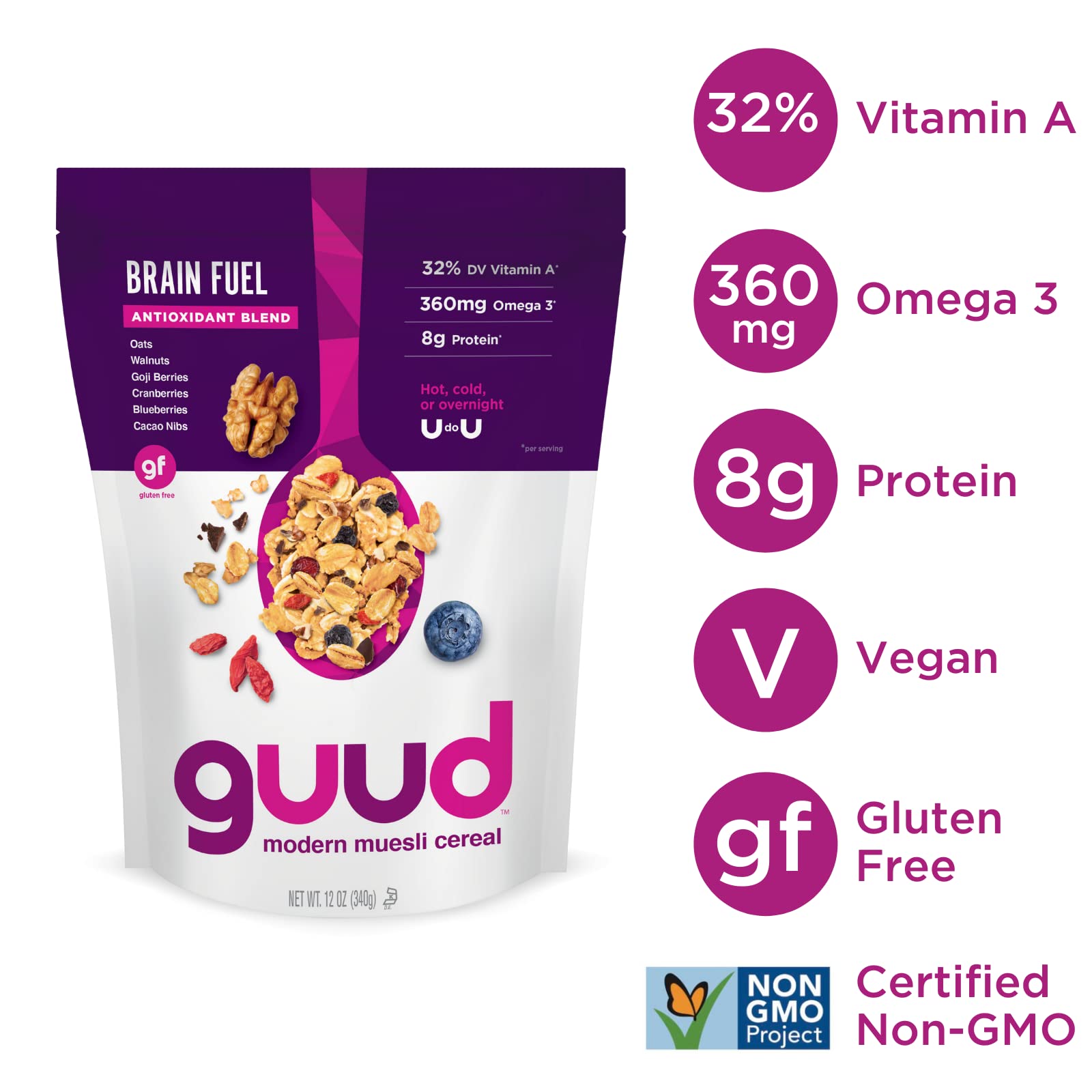 GUUD Fuel Pack Muesli Cereal Variety Pack, 12 Ounce (Pack of 3), Athlete Fuel, Brain Fuel, Gut Fuel, Vegan, Non-GMO Certified, Kosher