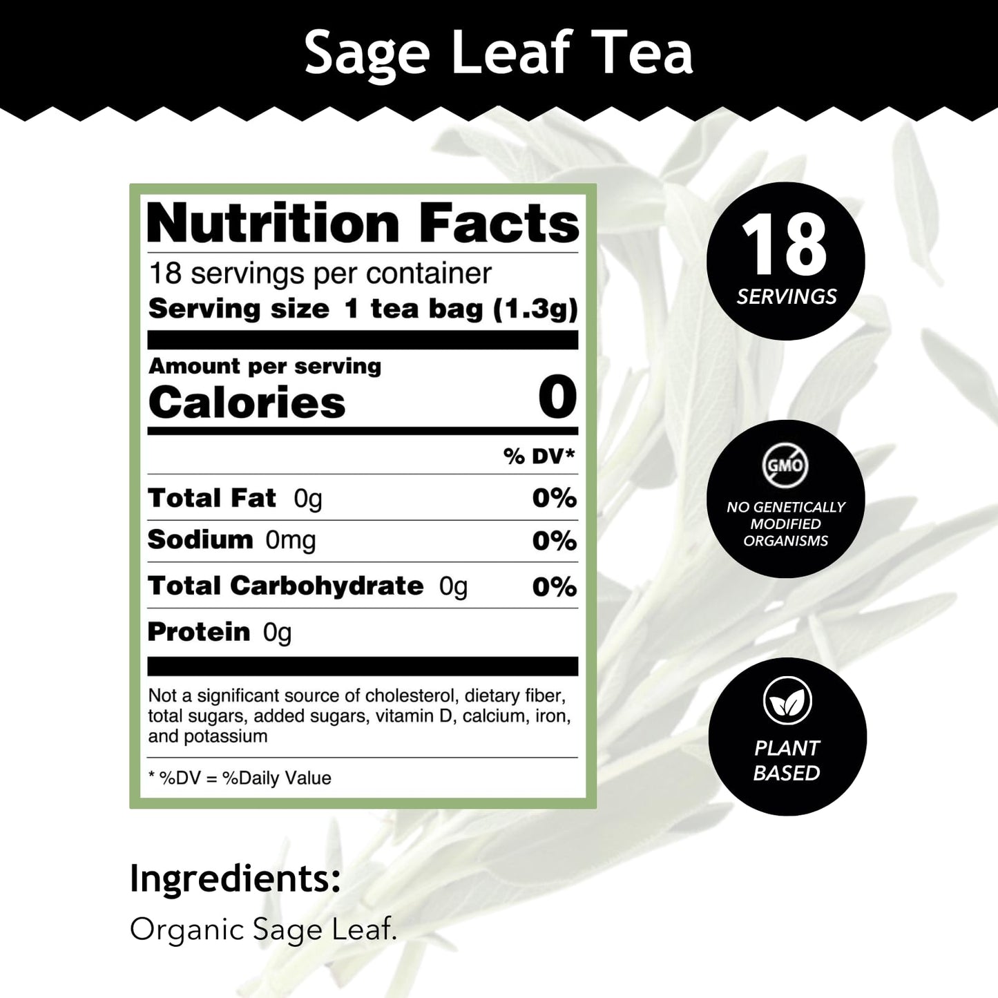 Buddha Teas - Organic Sage Leaf Tea - Herbal Tea - With Vitamins & Minerals - Clean Ingredients - Caffeine Free - OU Kosher - 18 Bleach-Free Tea Bags