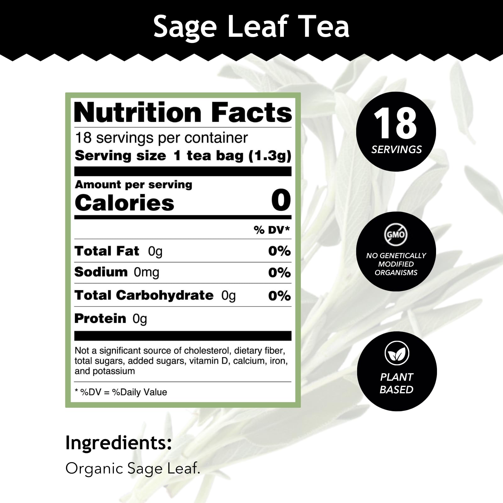 Buddha Teas - Organic Sage Leaf Tea - Herbal Tea - With Vitamins & Minerals - Clean Ingredients - Caffeine Free - OU Kosher - 18 Bleach-Free Tea Bags