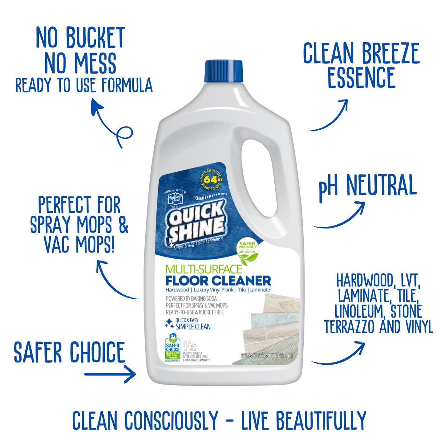 Quick Shine Multi Surface Floor Cleaner 64oz, Ready to Use-Streak Free-No Rinse, Use on Hardwood, Laminate, Luxury Vinyl Plank & Stone, Use in Spray