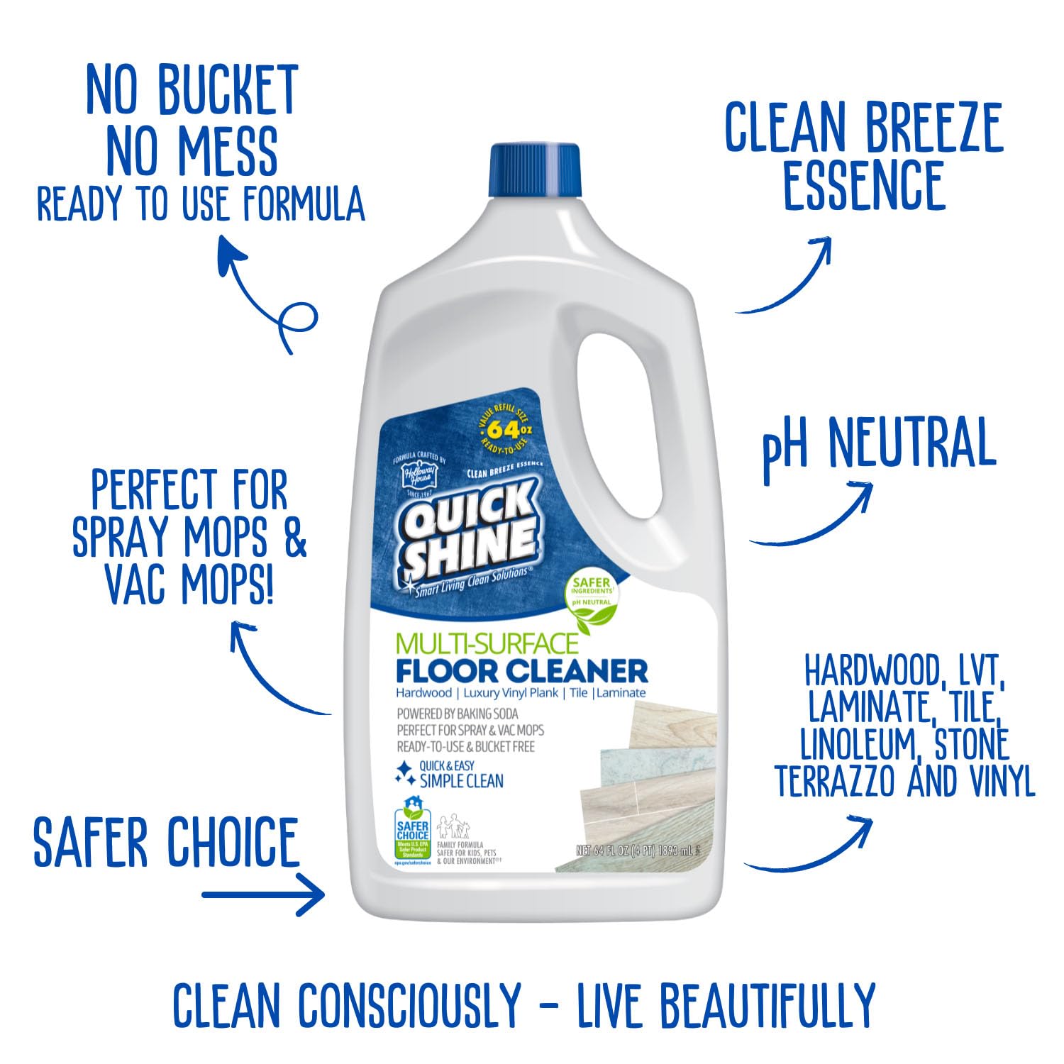 Quick Shine Multi Surface Floor Cleaner 64oz, Ready to Use-Streak Free-No Rinse, Use on Hardwood, Laminate, Luxury Vinyl Plank & Stone, Use in Spray