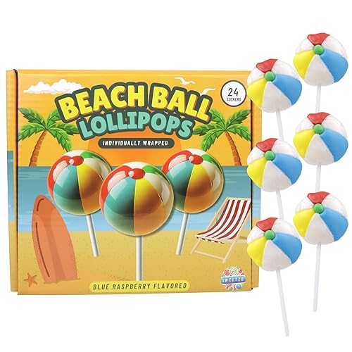 Beach Ball Lollipops, Individually Wrapped Blue Raspberry Suckers, Tropical Favors, 24 Count, 10.16 Ounces