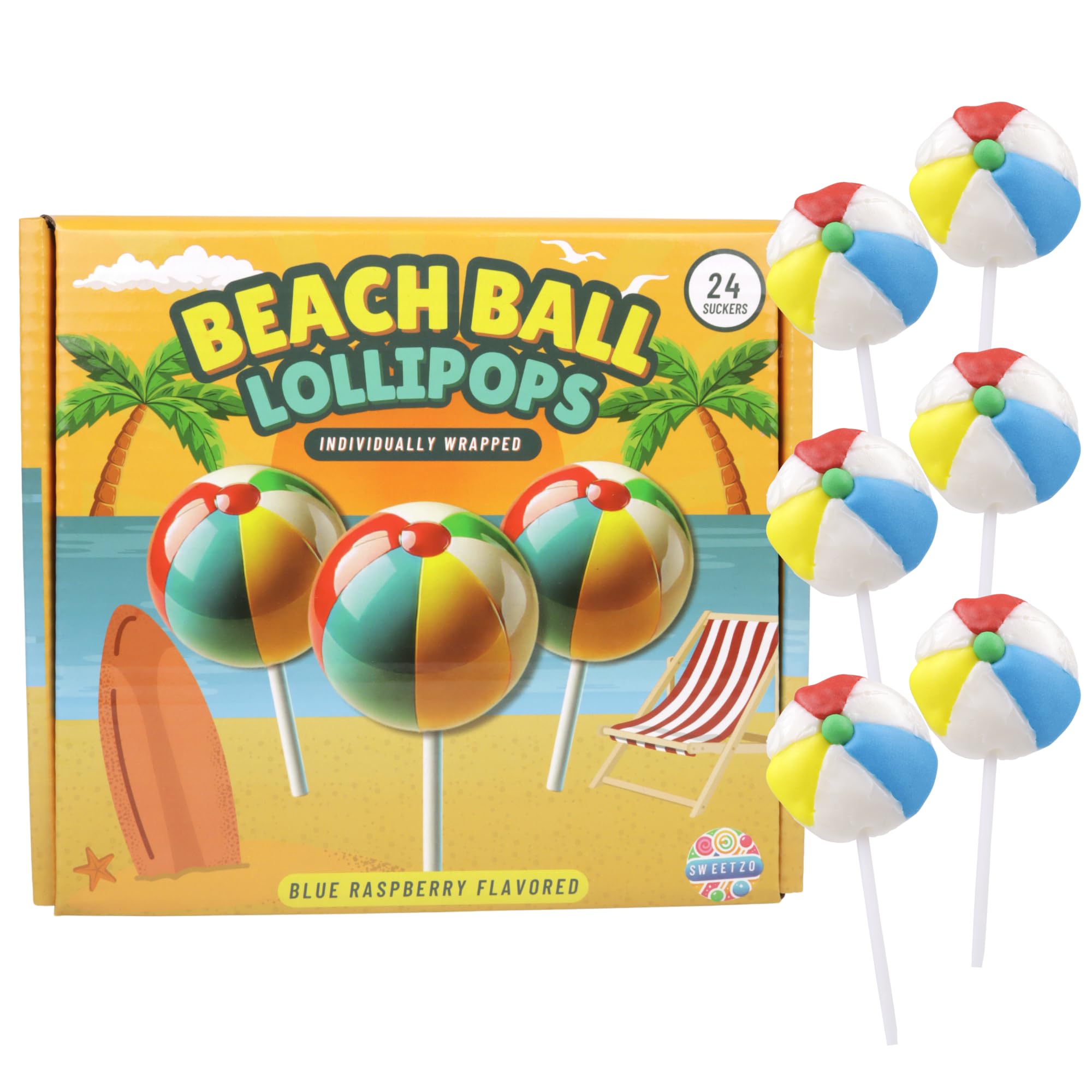 Beach Ball Lollipops, Individually Wrapped Blue Raspberry Suckers, Tropical Favors, 24 Count, 10.16 Ounces