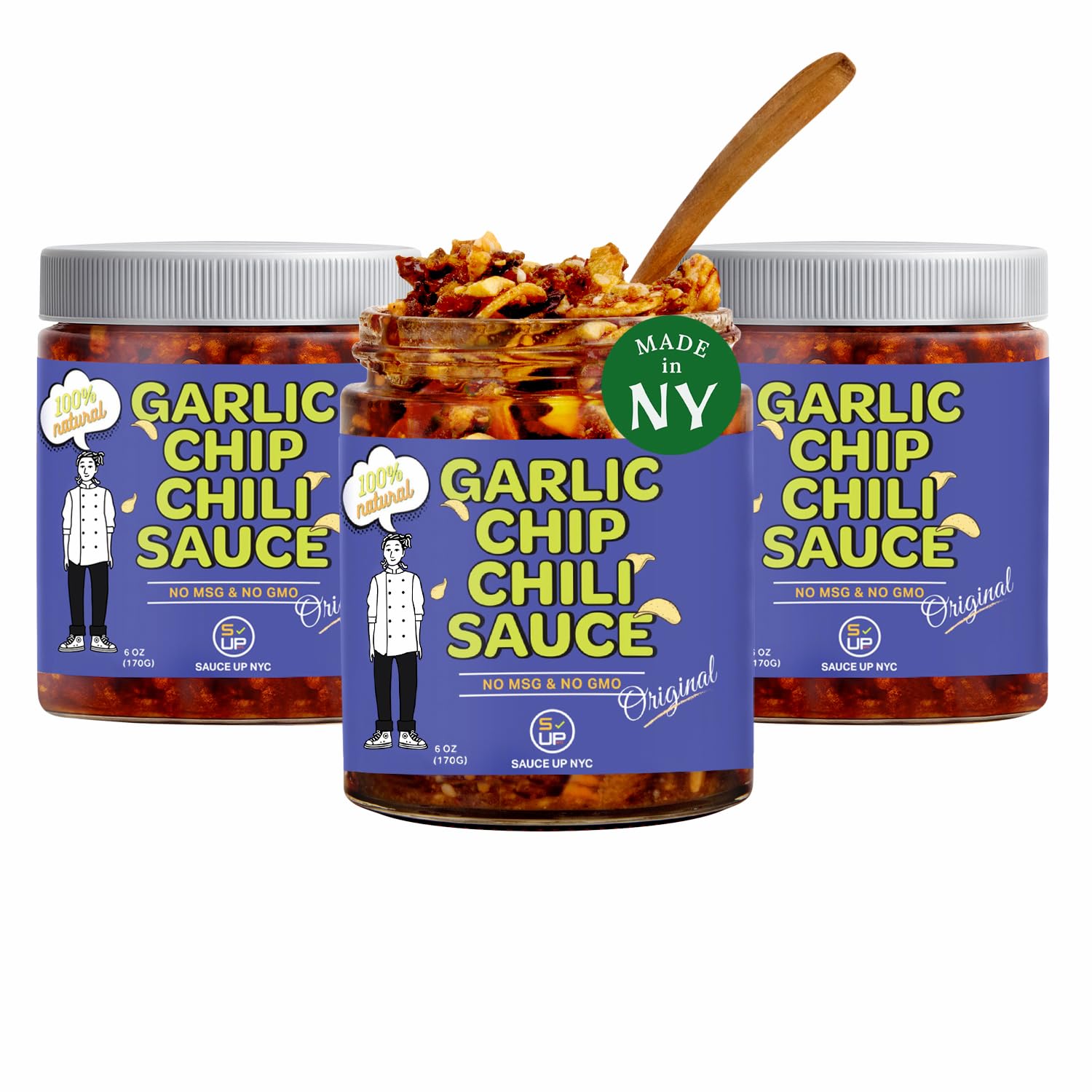 SAUCE UP Original Garlic Chip Chili Sauce - 3 Pack (6oz) | Super Crunchy, Savory & Garlicky | Premium Chef-Curated, Plant-Based, Gluten-Free, Non-GMO