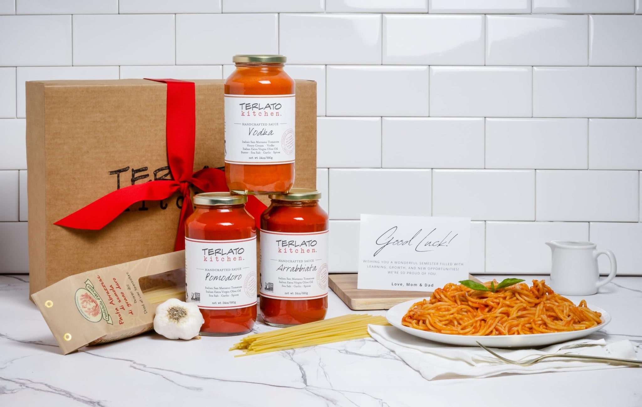 Terlato Kitchen Classic Italian Pasta Sauce Gift Set with Spaghetti, 3 Handcrafted Sauces, Pomodoro Vodka Arrabbiata, San Marzano Tomatoes