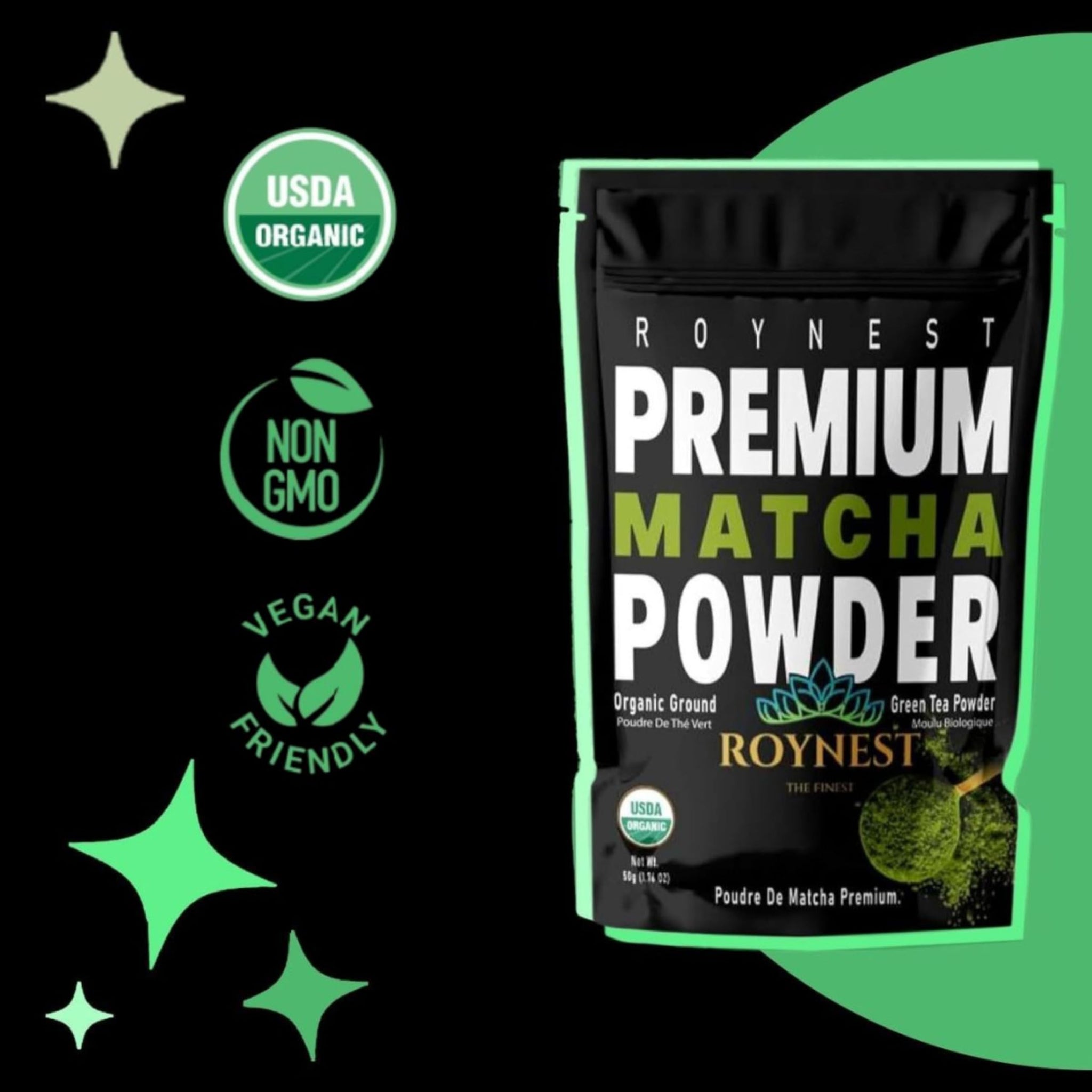Roynest Premium Certified Organic Matcha Powder - 100% Pure Matcha for Iced Lattes, Smoothies, Cold Drinks & Baking - Clean Energy, Vegan, Non-GMO