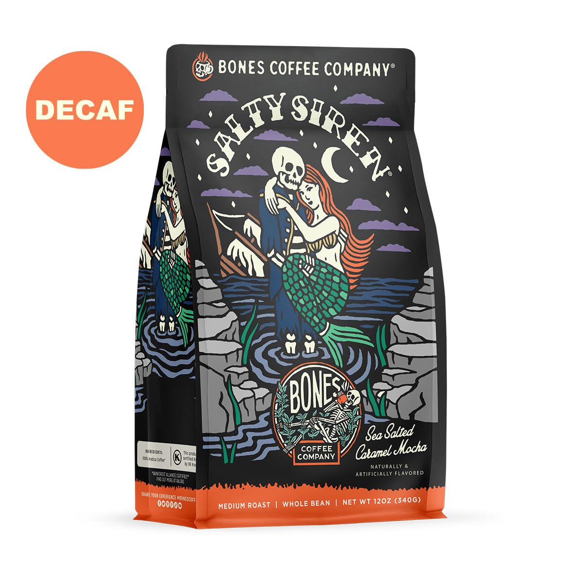 Bones Coffee Company Decaf Salty Siren, Sea Salted Caramel Chocolate Decaffeinated Flavored Coffee, Medium Roast Low Acid Arabica Beans For Auto drip