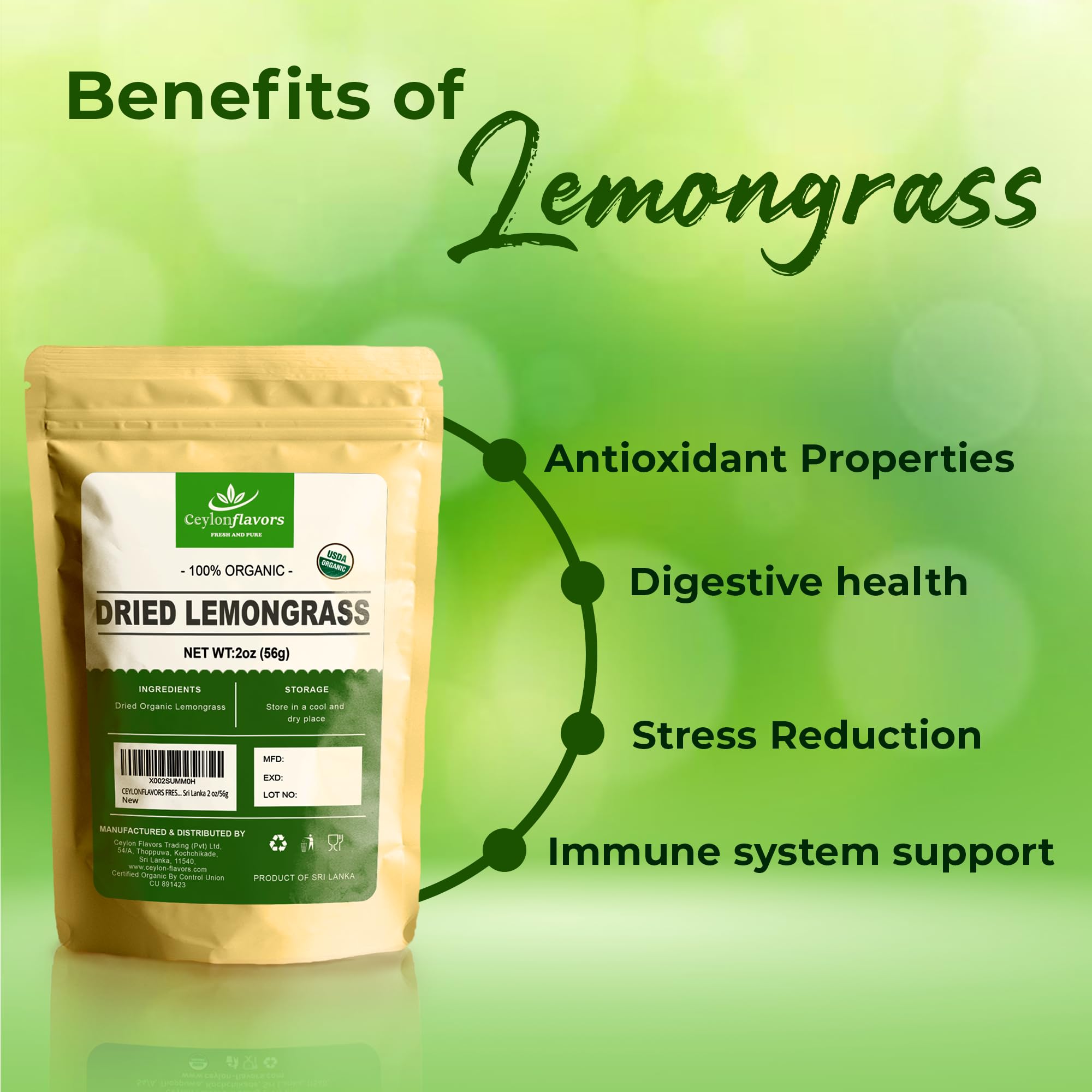 CEYLONFLAVORS FRESH AND PURE Organic Premium Grade Dried Lemon Grass Cut, harvested from a Organic Farm in Sri Lanka 2 oz/56g