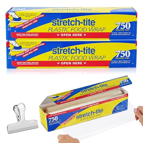Stretch Tite Plastic Wrap For Food With Slide Cutter 750 Sq. Ft 11 7/8 Inch. Pack Of 2 With a Scooply Bag Clip