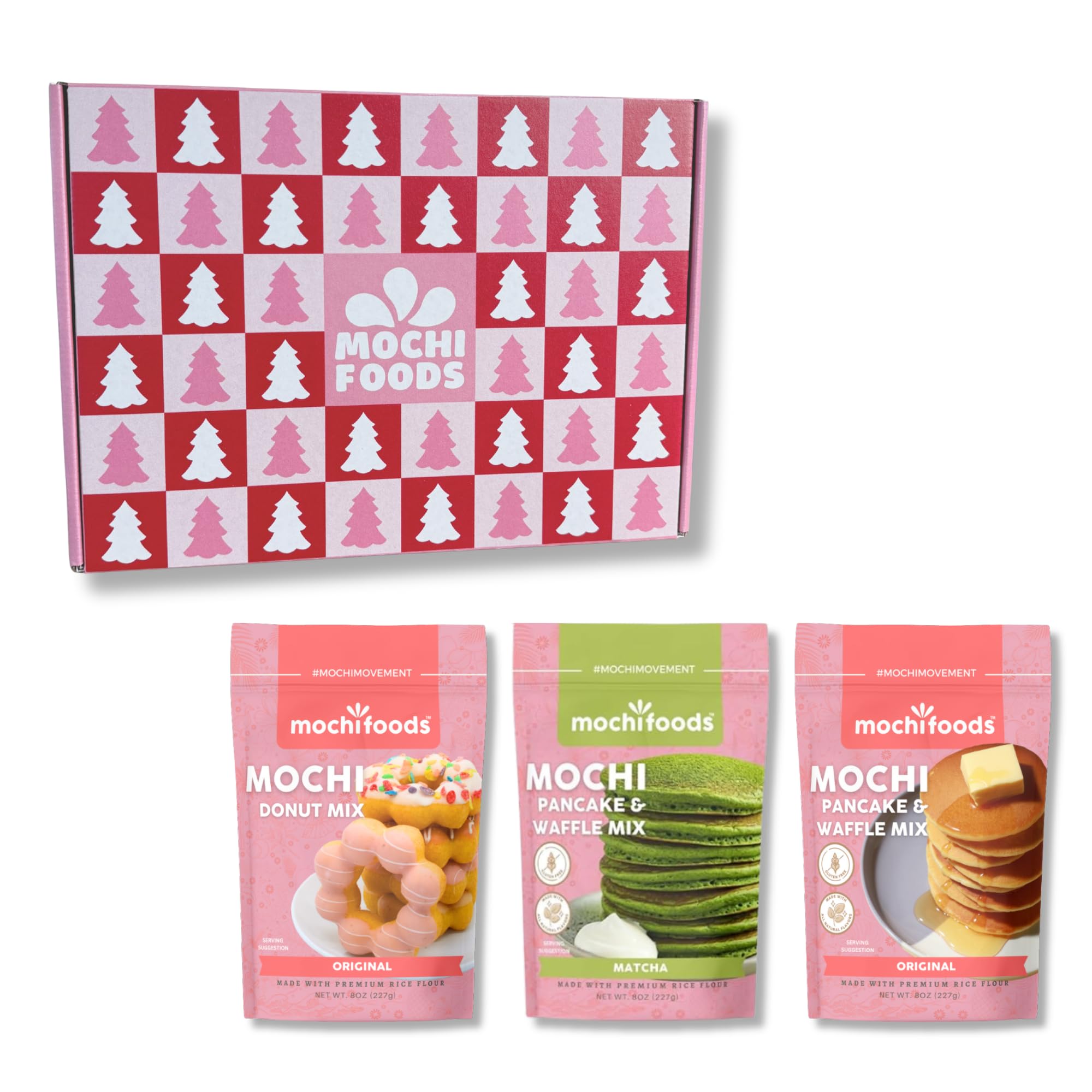 Mochi Foods Holiday Gift Set, Premium Rice Flour Baking Mix Collection with Mochi Donut Mix, Original Mochi Pancake Mix, Matcha Mochi Pancake Mix, 8 oz Packages
