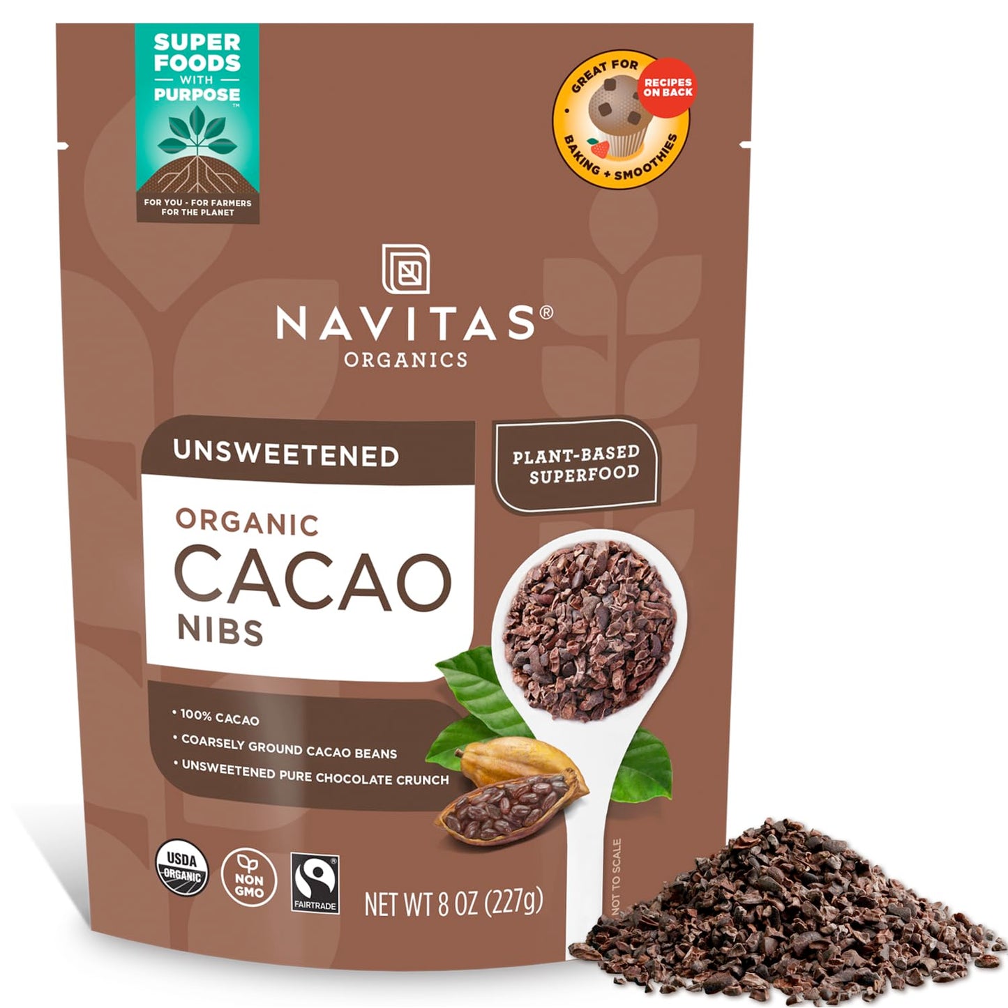 Navitas Organics Cacao Nibs - Unsweetened Dark Chocolate Crunch - Antioxidants, Minerals, Fiber - For Trail Mix, Baking & More - USDA Organic, Fairtrade, Non GMO, Gluten Free, Non-alkalized (8oz. Bag 76 Servings)