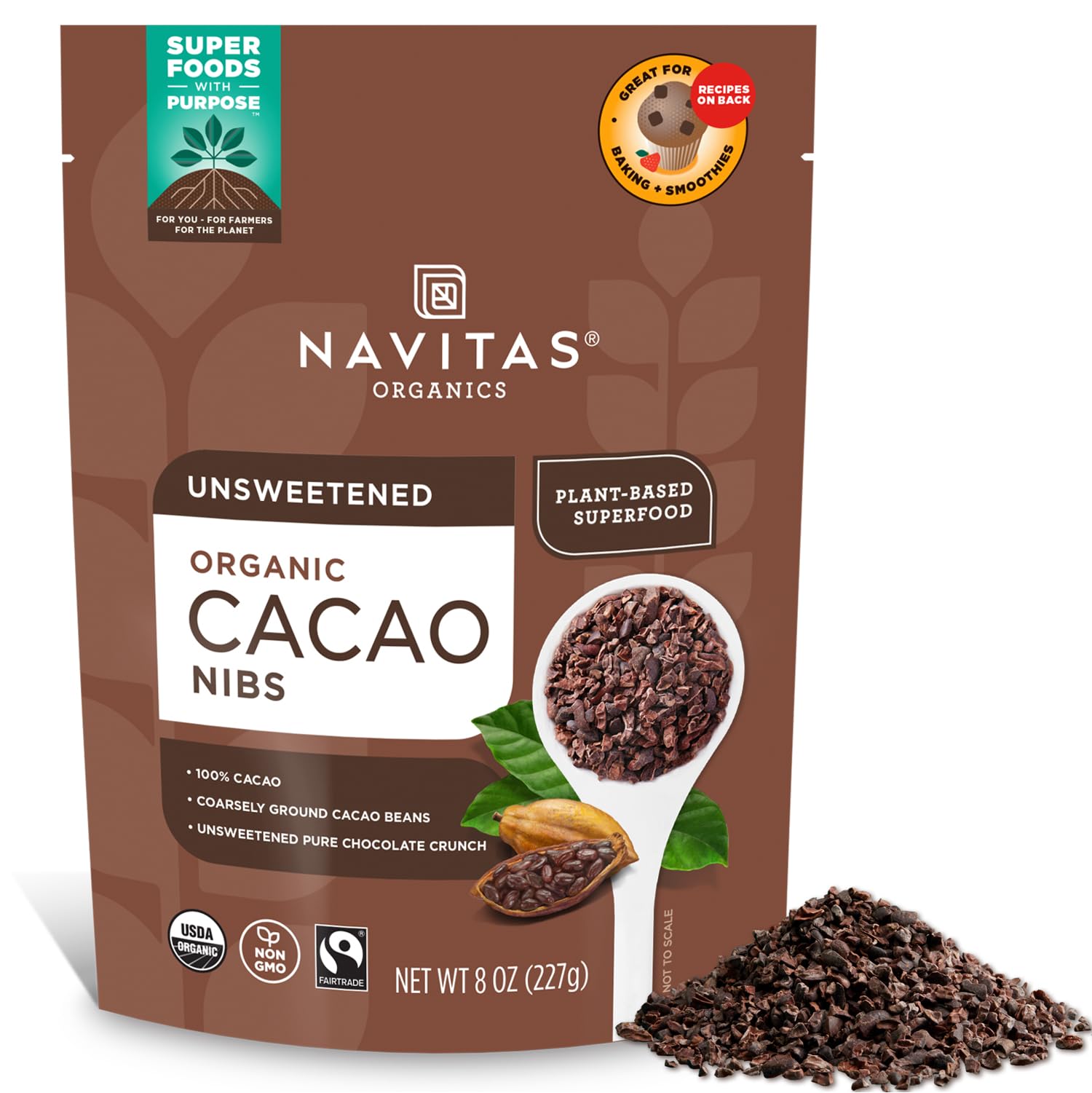 Navitas Organics Cacao Nibs - Unsweetened Dark Chocolate Crunch - Antioxidants, Minerals, Fiber - For Trail Mix, Baking & More - USDA Organic, Fairtrade, Non GMO, Gluten Free, Non-alkalized (8oz. Bag 76 Servings)
