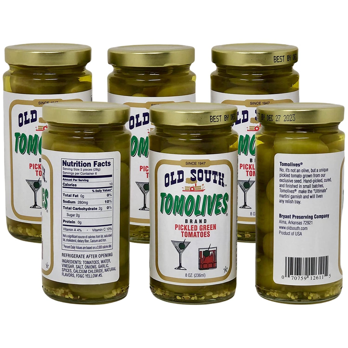 Old South Tomolives Pickled Green Tomatoes 8oz (6 Pack) Bundled with Complimentary 4-count Stainless Steel Cocktail Picks | Ultimate Martini Garnish |
