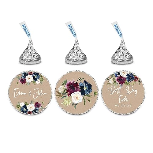 Andaz Press Kraft Brown with Burgundy Midnight Blue Florals Fall Wedding Party Collection, Personalized Chocolate Drop Label Stickers Trio, Custom