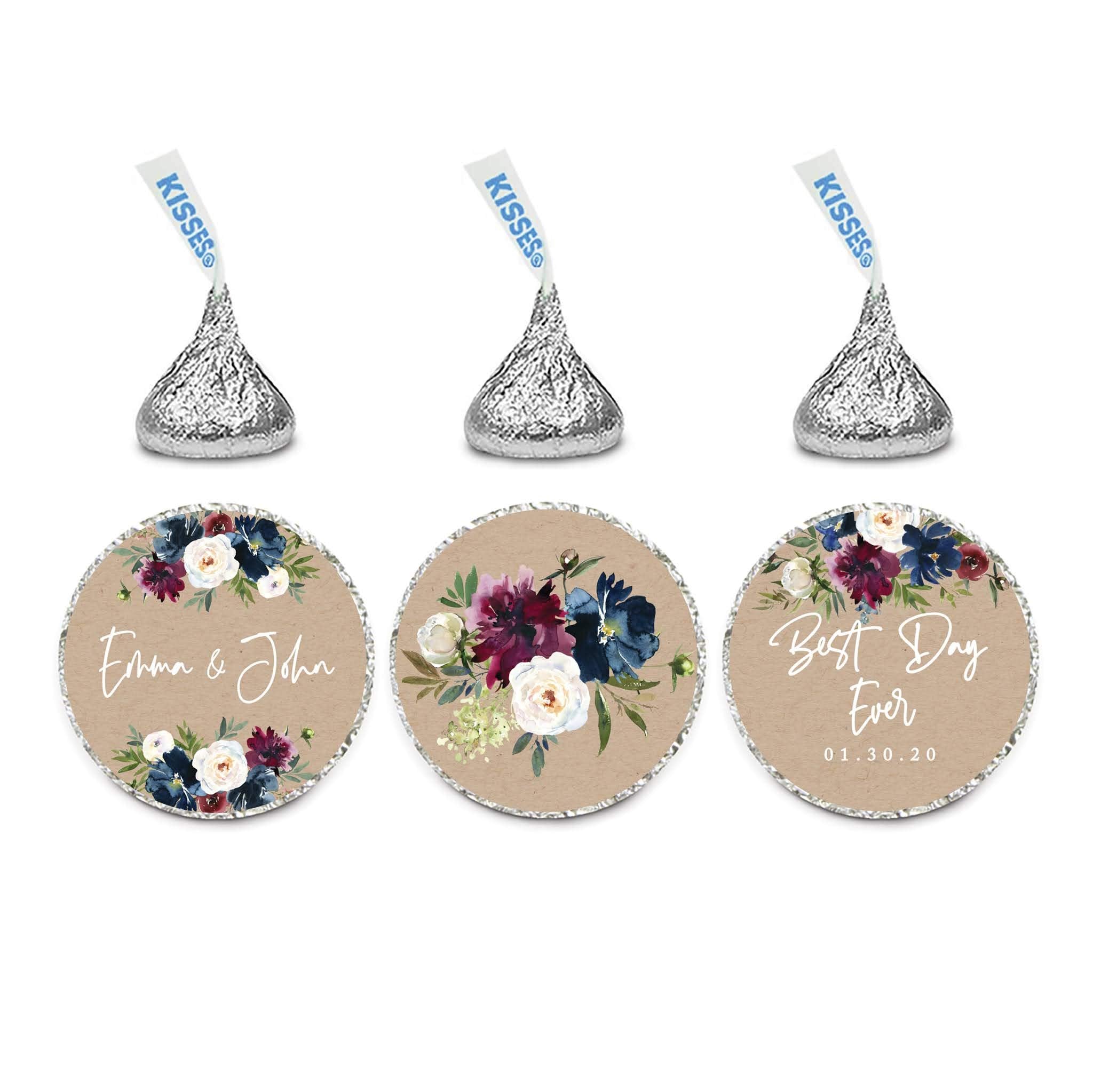 Andaz Press Kraft Brown with Burgundy Midnight Blue Florals Fall Wedding Party Collection, Personalized Chocolate Drop Label Stickers Trio, Custom