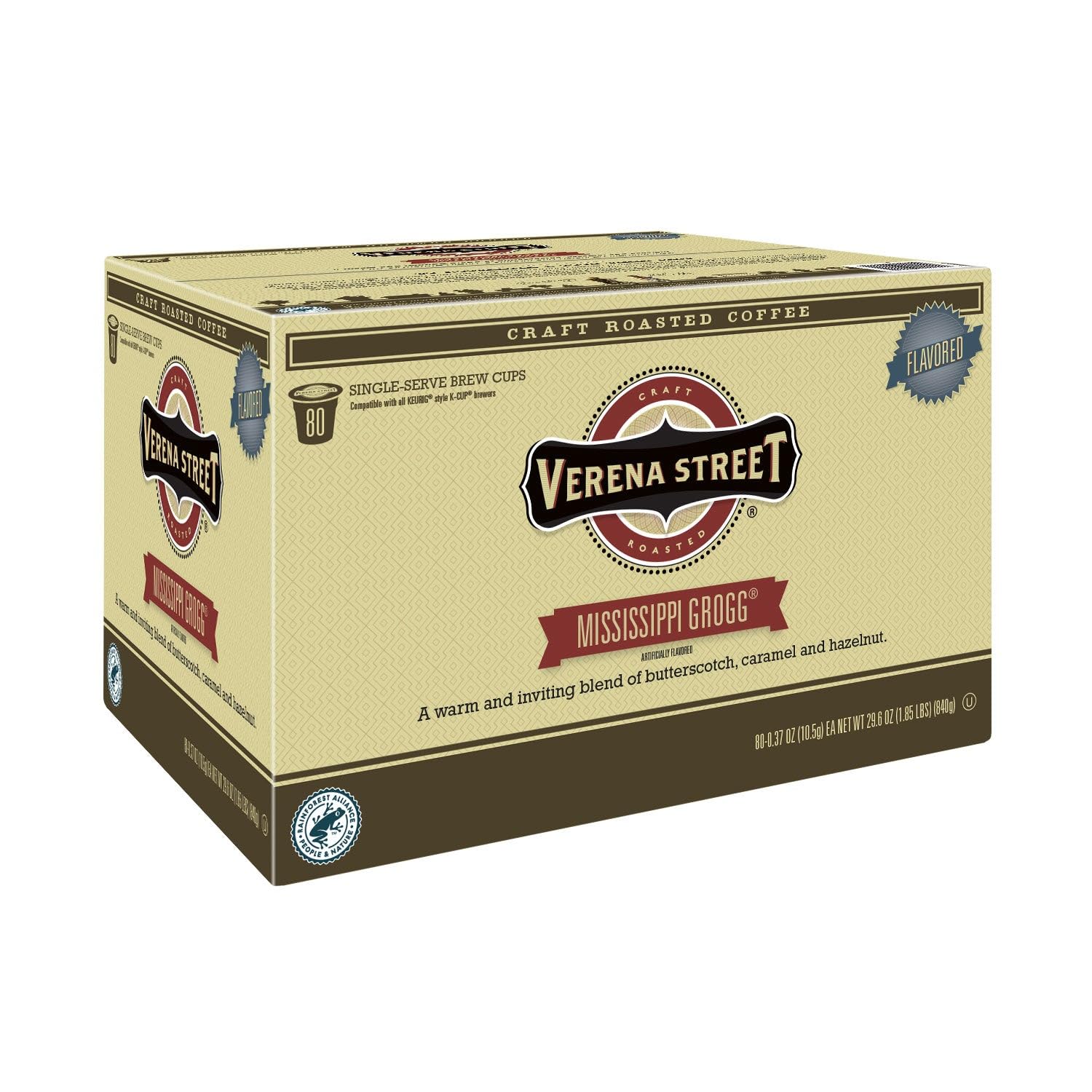 Verena Street Single Cup Pods (80 Count) Flavored Coffee, Mississippi Grogg, Rainforest Alliance Certified Arabica Coffee