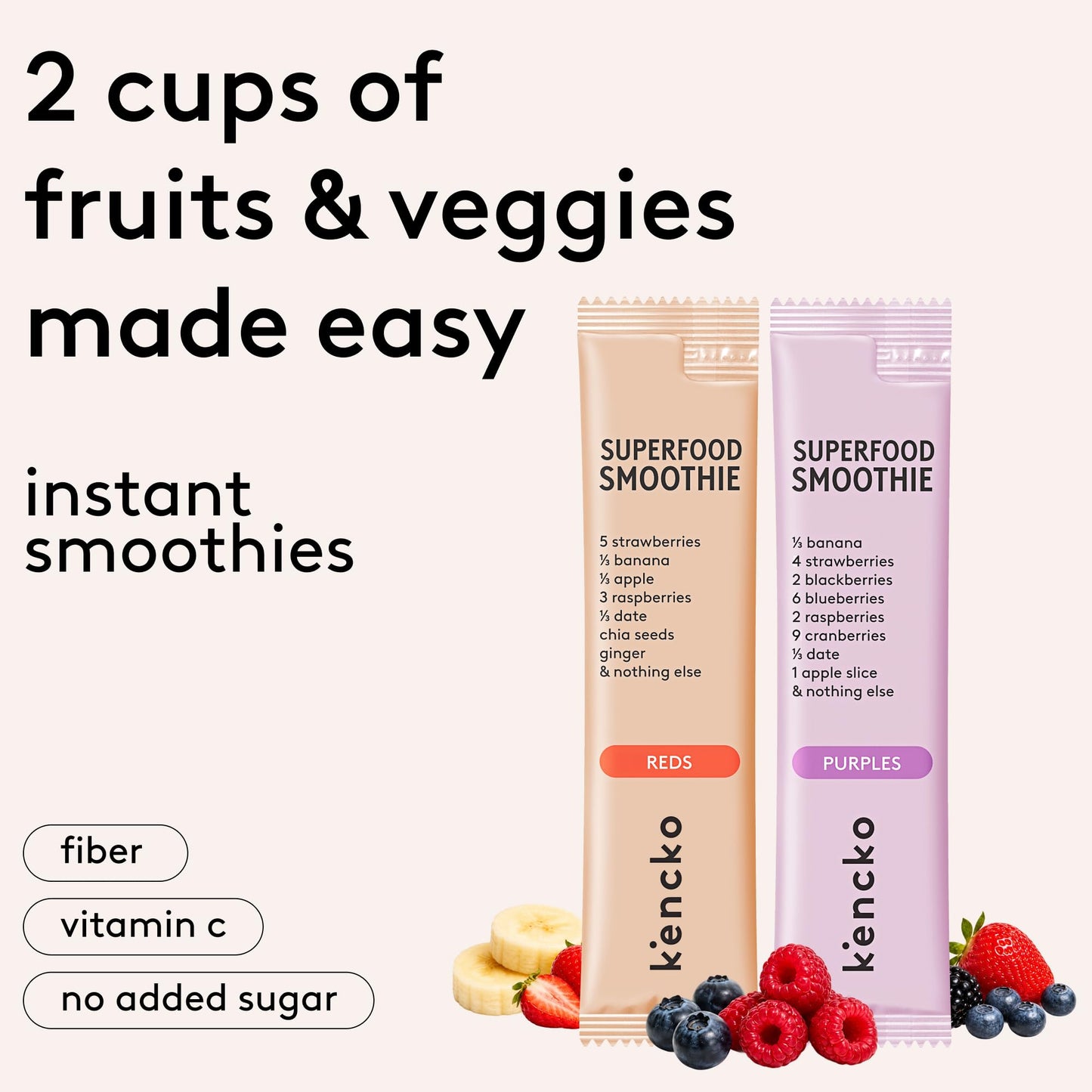 kencko Instant Smoothie Powder Mix Variety Packets, 8 Pack - Reds & Purples - Healthy Freeze-Dried Fruit & Veggie Superfood Powdered Drink Mix