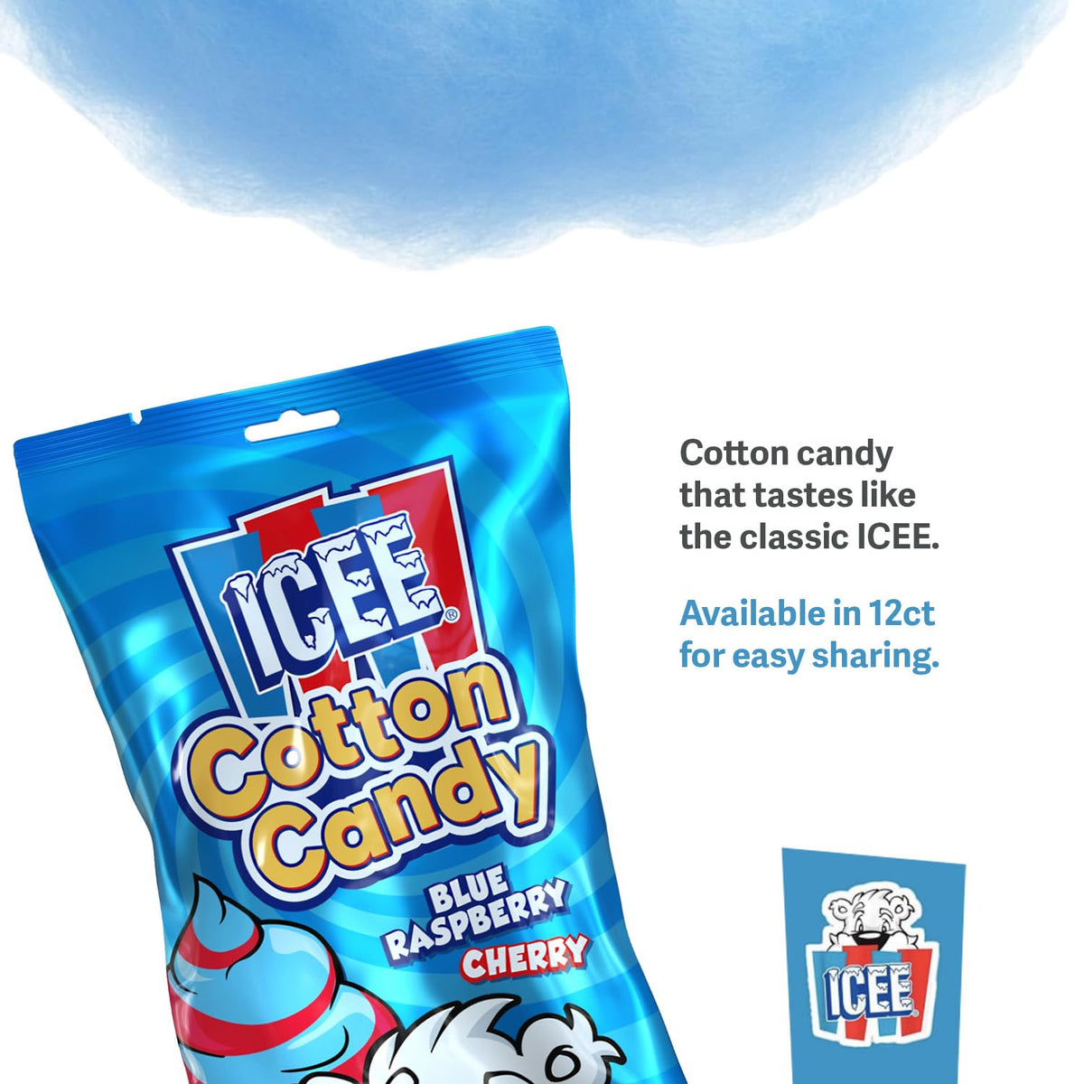 ICEE Cotton Candy Display Case | 3oz Bags | 12 Count | Blue Raspberry & Cherry | Soft, Fluffy Carnival Candy | Perfect for Parties, Events & Gifts