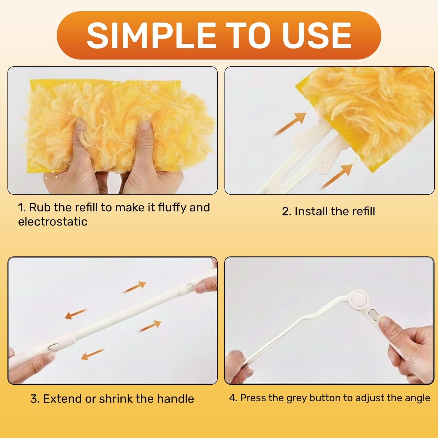 60 Pack Heavy Duty Duster Refills with Extendable 3FT Handle, Multi Surface 360 Disposable Dusters Kit for Cleaning Furniture, Blinds, Ceiling Fan