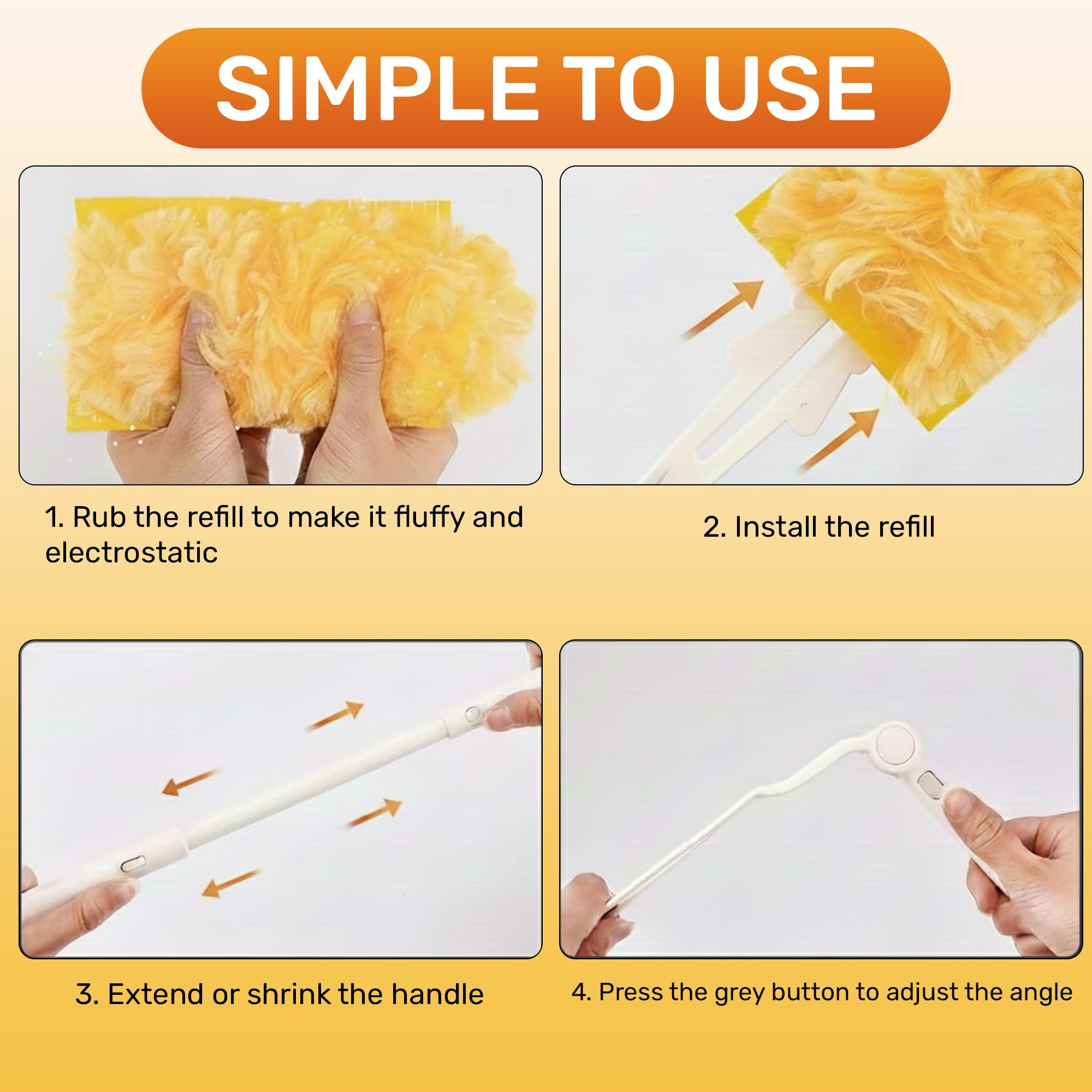60 Pack Heavy Duty Duster Refills with Extendable 3FT Handle, Multi Surface 360 Disposable Dusters Kit for Cleaning Furniture, Blinds, Ceiling Fan