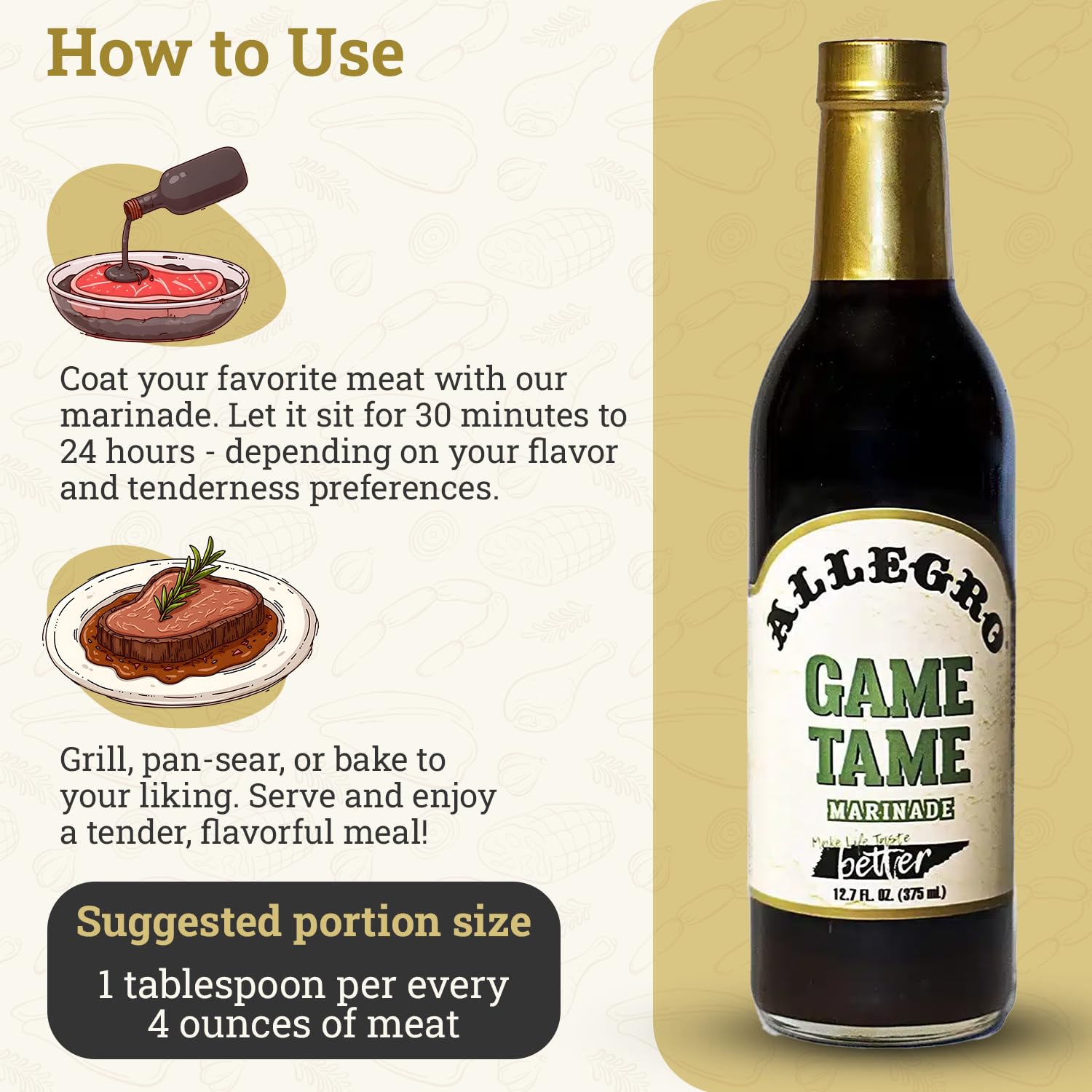 ALLEGRO The Marinate Everything Marinades, Perfect for Meat & Veggies, Grilling, Roasting & Cooking, Kosher & Gluten-Free, Game Tame, 12.7 oz