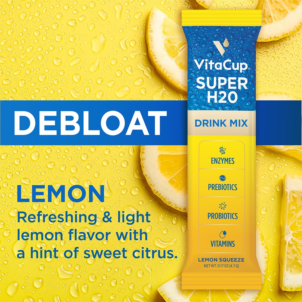 VitaCup Super H2O Bloating Relief and Digestive Health Drink Mix Packets, Probiotics, Prebiotics, C & B Vitamins, Lemon Flavor Water Enhancer Packets