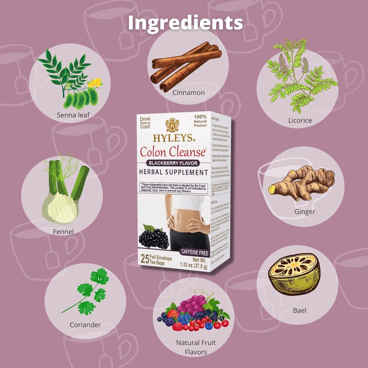 Hyleys Colon Cleanse Tea Variety Pack - Cranberry, Blackberry, Acai Berry, and Goji Berry Flavors - 100 Tea Bags